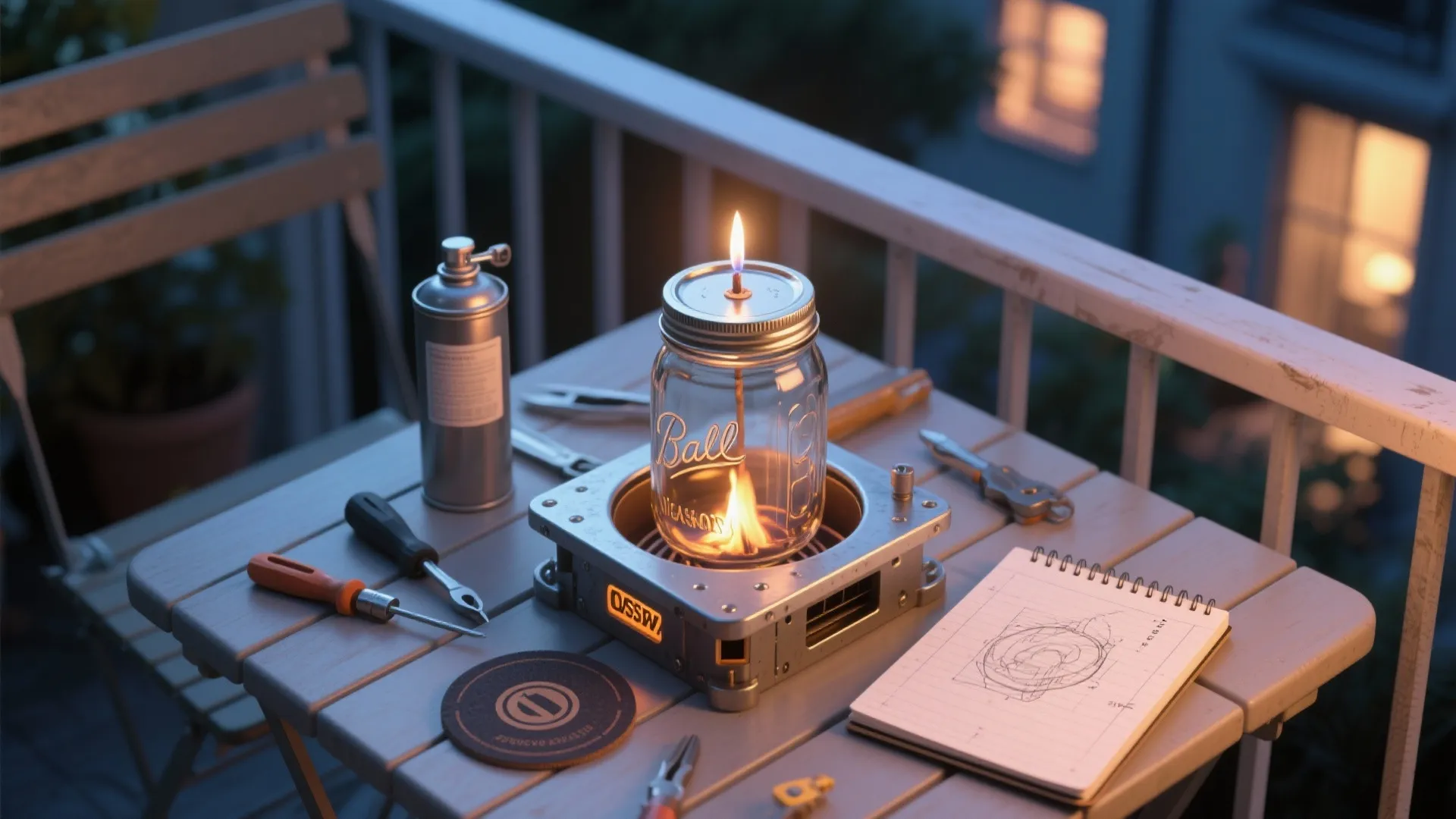 Glass jar lantern on an outdoor table with tools notebook and a small burning flame light