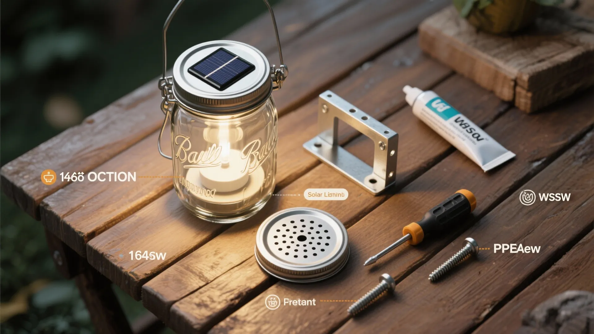 Assembly of a solar glass jar light with screwdriver screws metal bracket and small glue tube