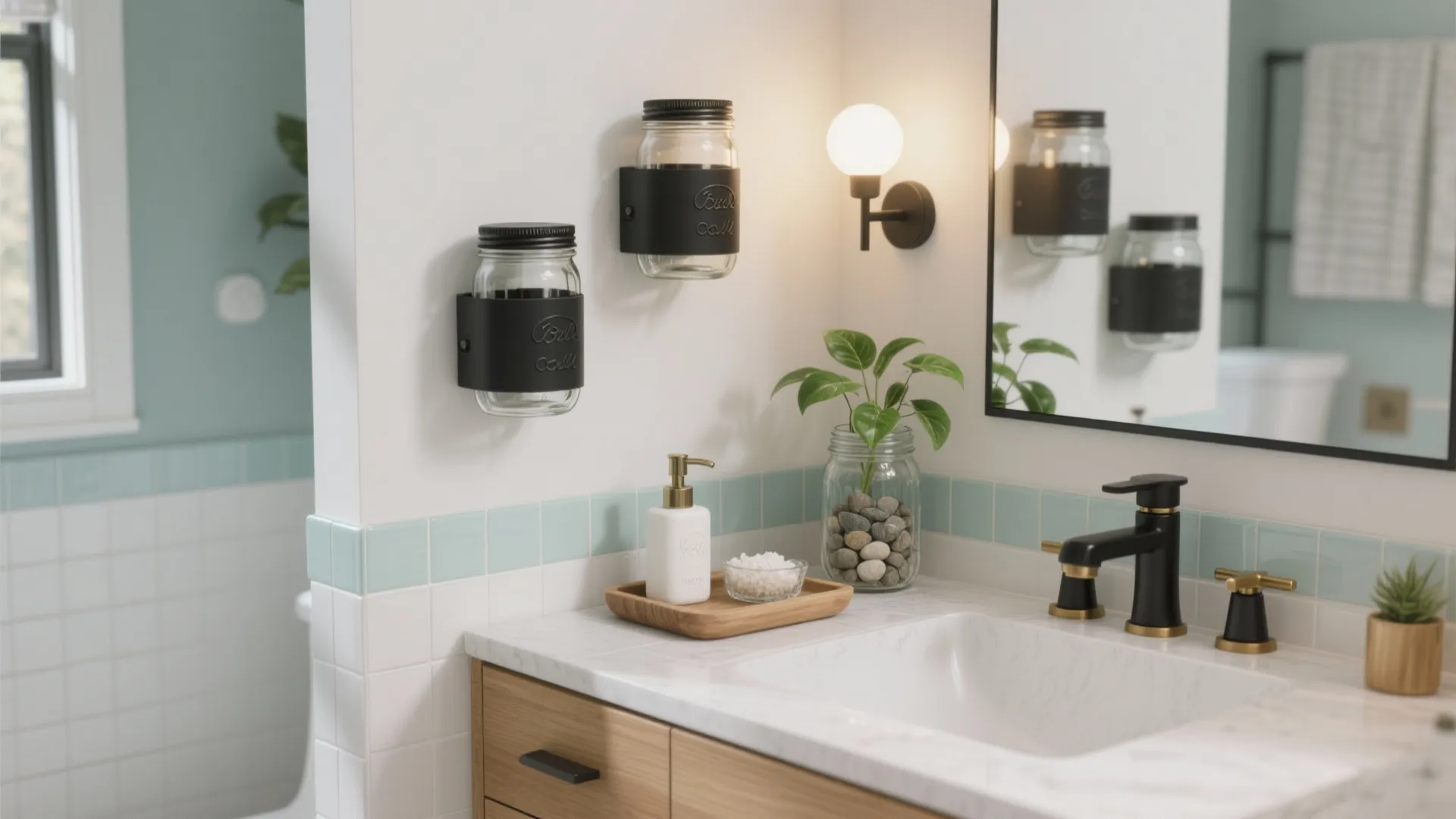 Modern bathroom vanity with white sink wood cabinet black faucet and glass jar wall storage units