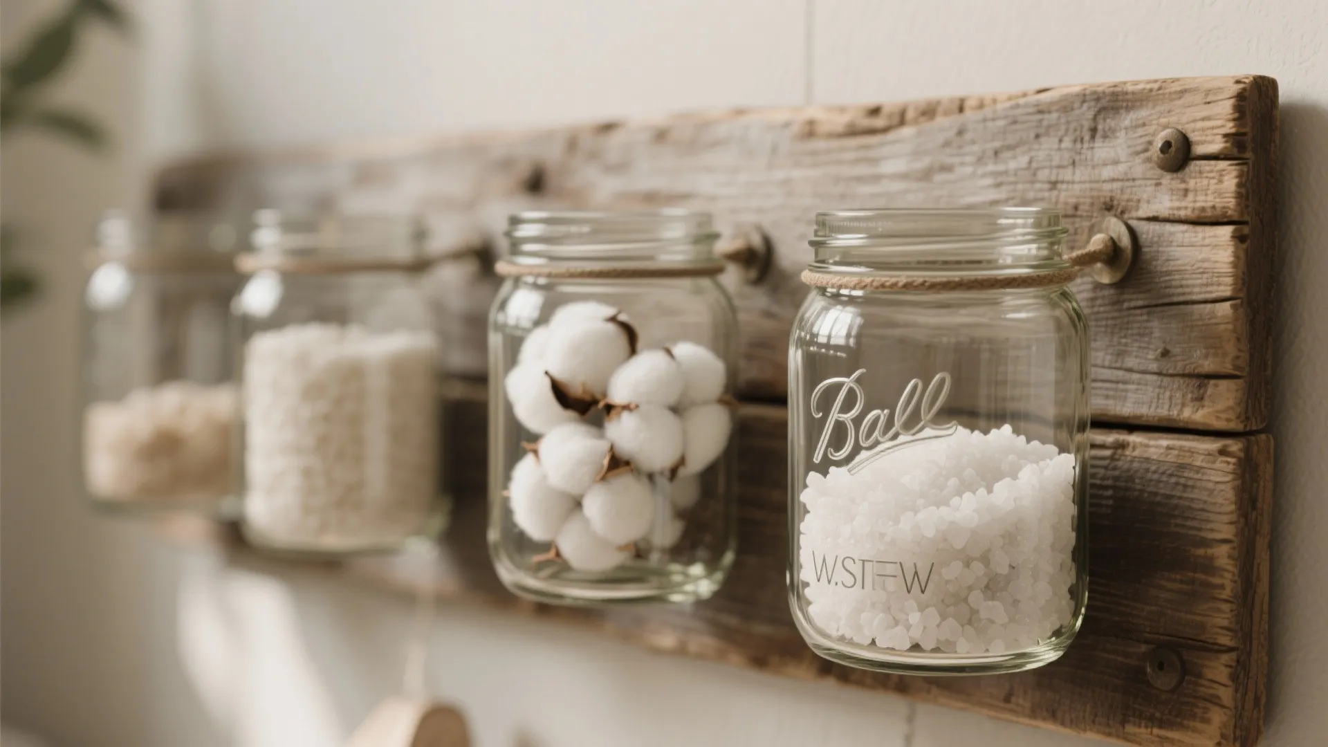 Glass storage jars hanging on a wooden wall panel containing cotton balls and white bath salts