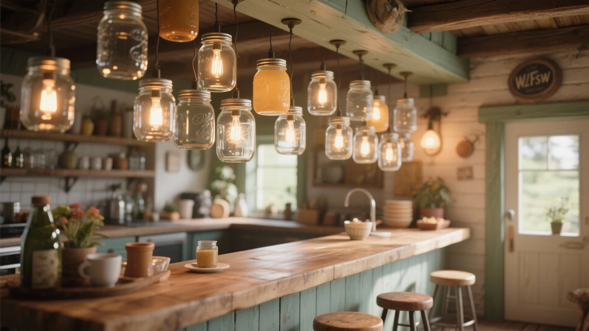 Cluster of mason-jar pendant lights over a small breakfast bar with warm LEDs
