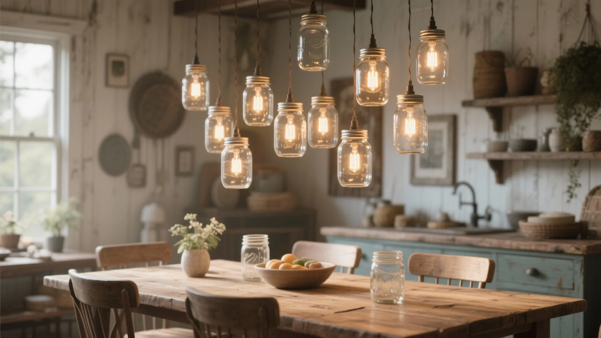 Clustered mason jar pendants at staggered heights over a farmhouse table with warm filament bulbs.