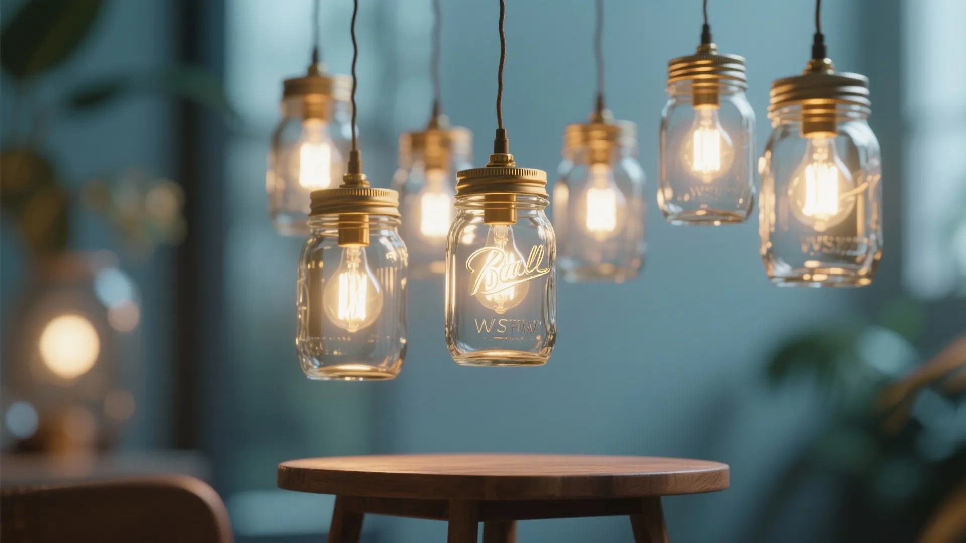 Hanging glass jar light fixtures with glowing bulbs above a round wooden table indoor setting