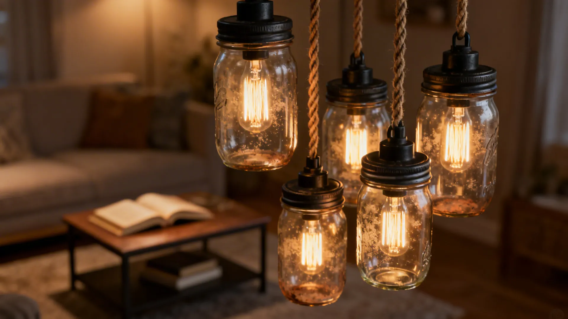 Mixed-size mason jar pendant cluster with warm Edison bulbs over a small coffee table.