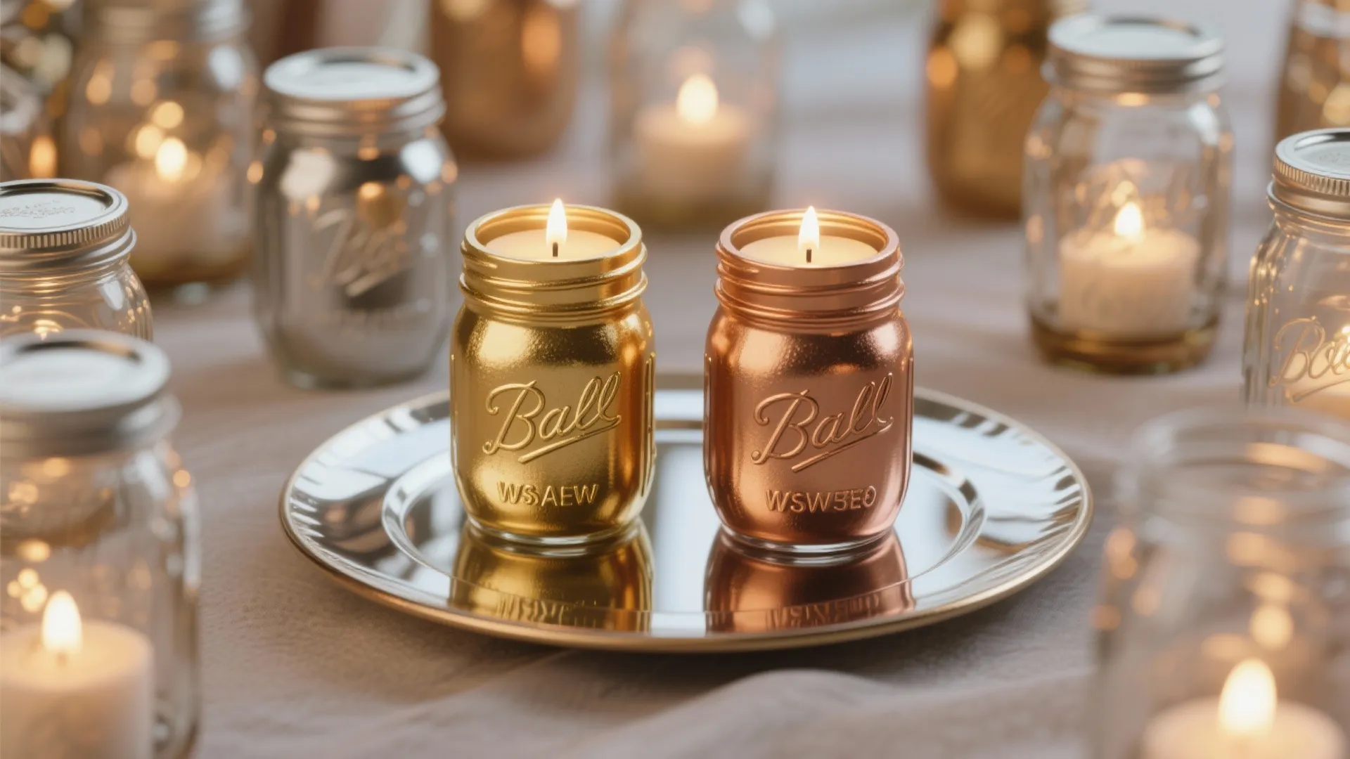 Cluster of painted mason jars with LED tea lights on a mirrored plate, showing metallic spray texture and warm glow.