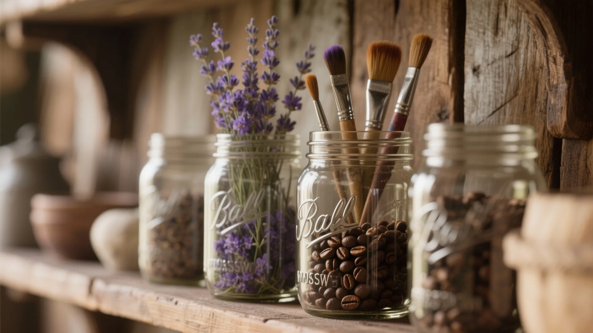 Row of glass jars on a wooden shelf holding purple lavender flowers and artist paint brushes