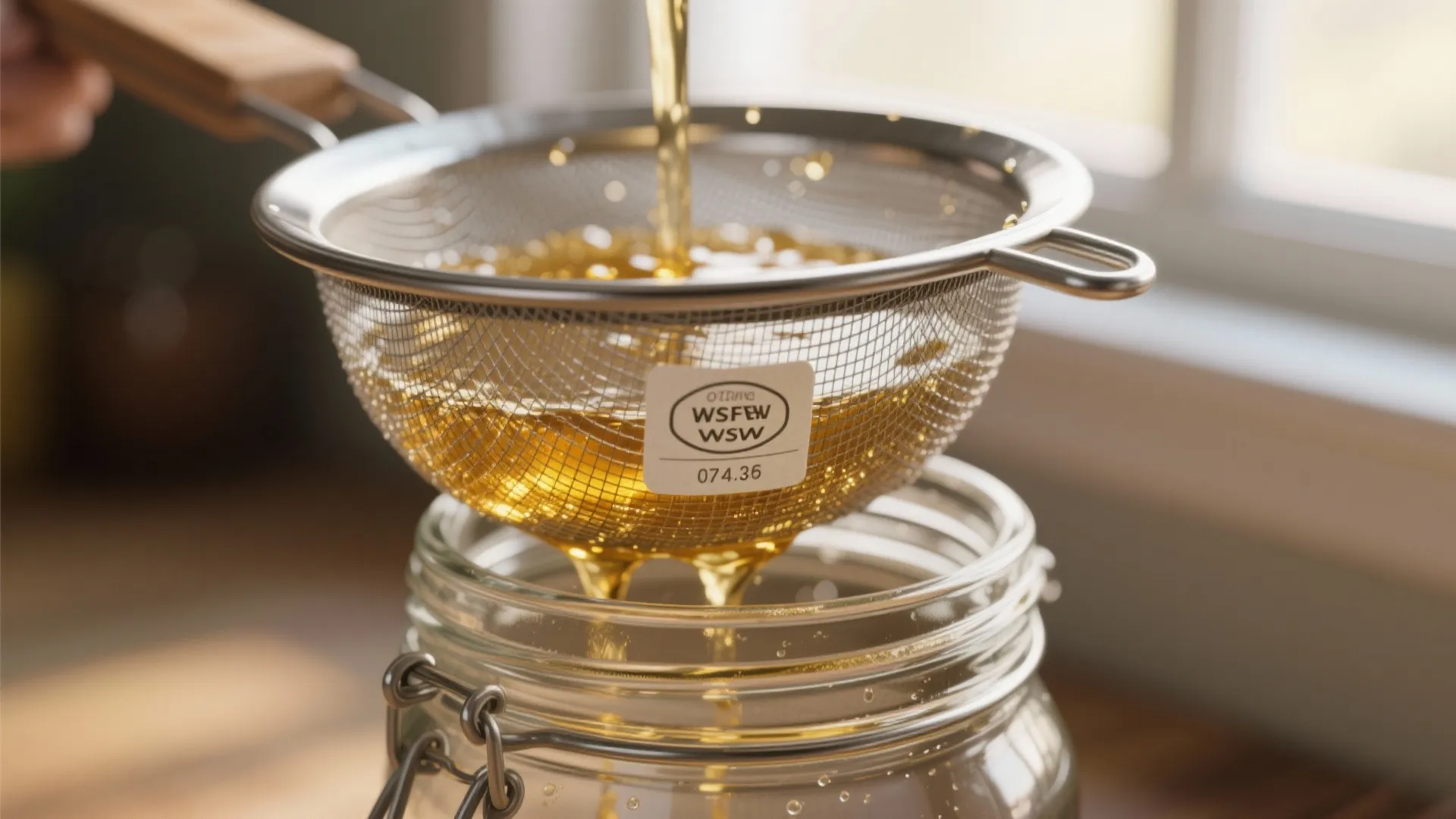 Pouring yellow cooking oil through a metal mesh strainer into a clear glass jar in kitchen