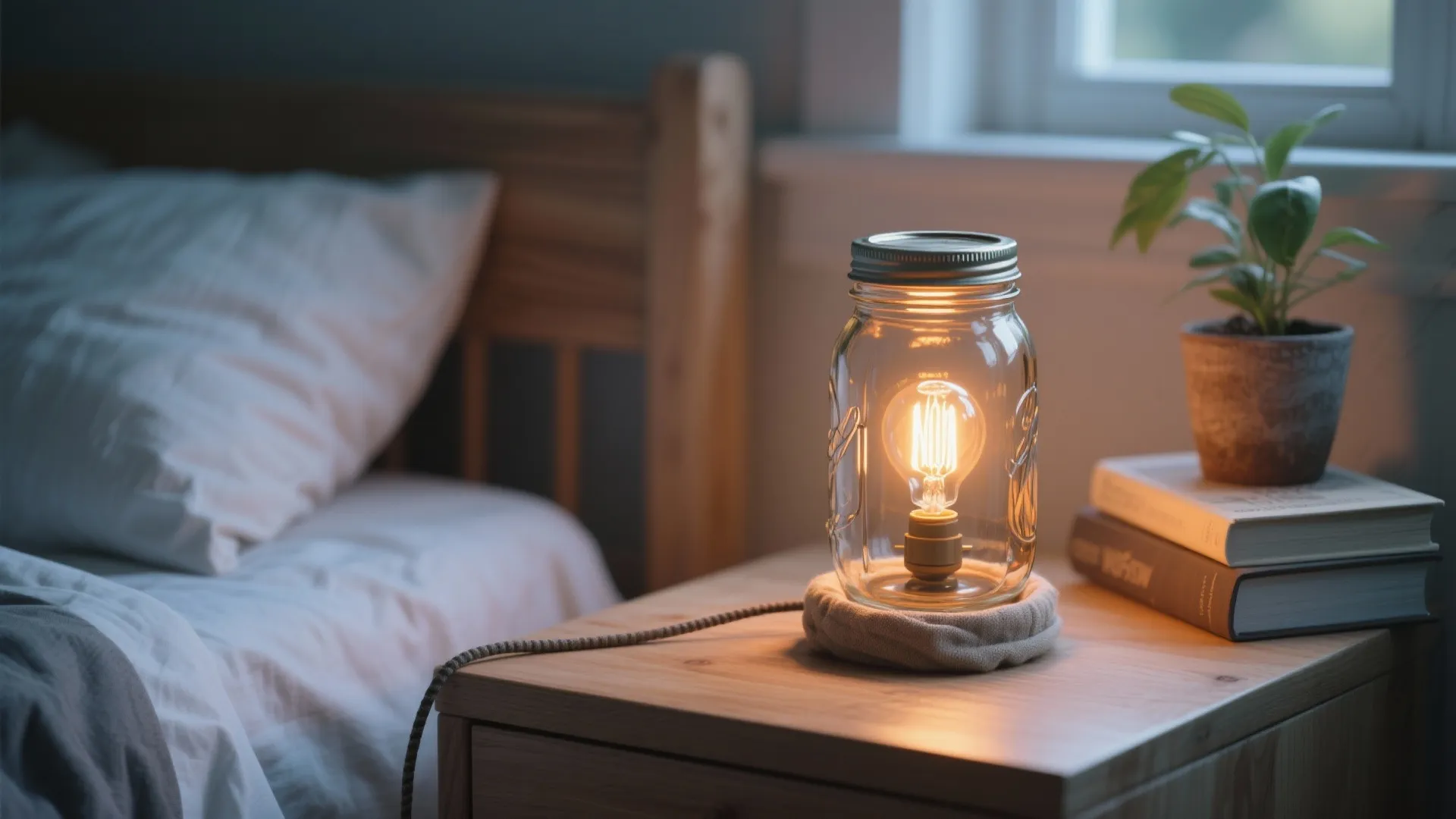 Glass jar table lamp with warm light on wooden bedside cabinet beside bed and plant