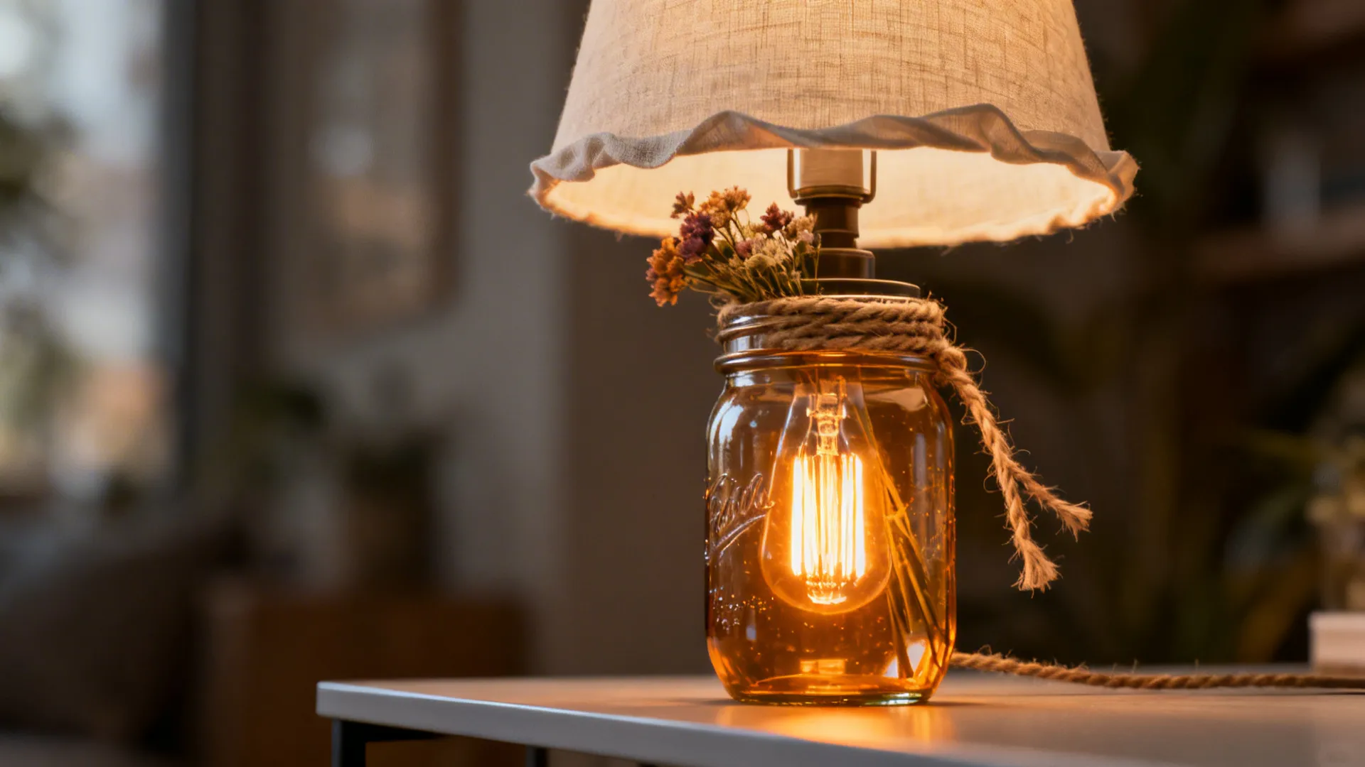 Mason-jar-base lamp with Edison bulb and linen shade on a small side table