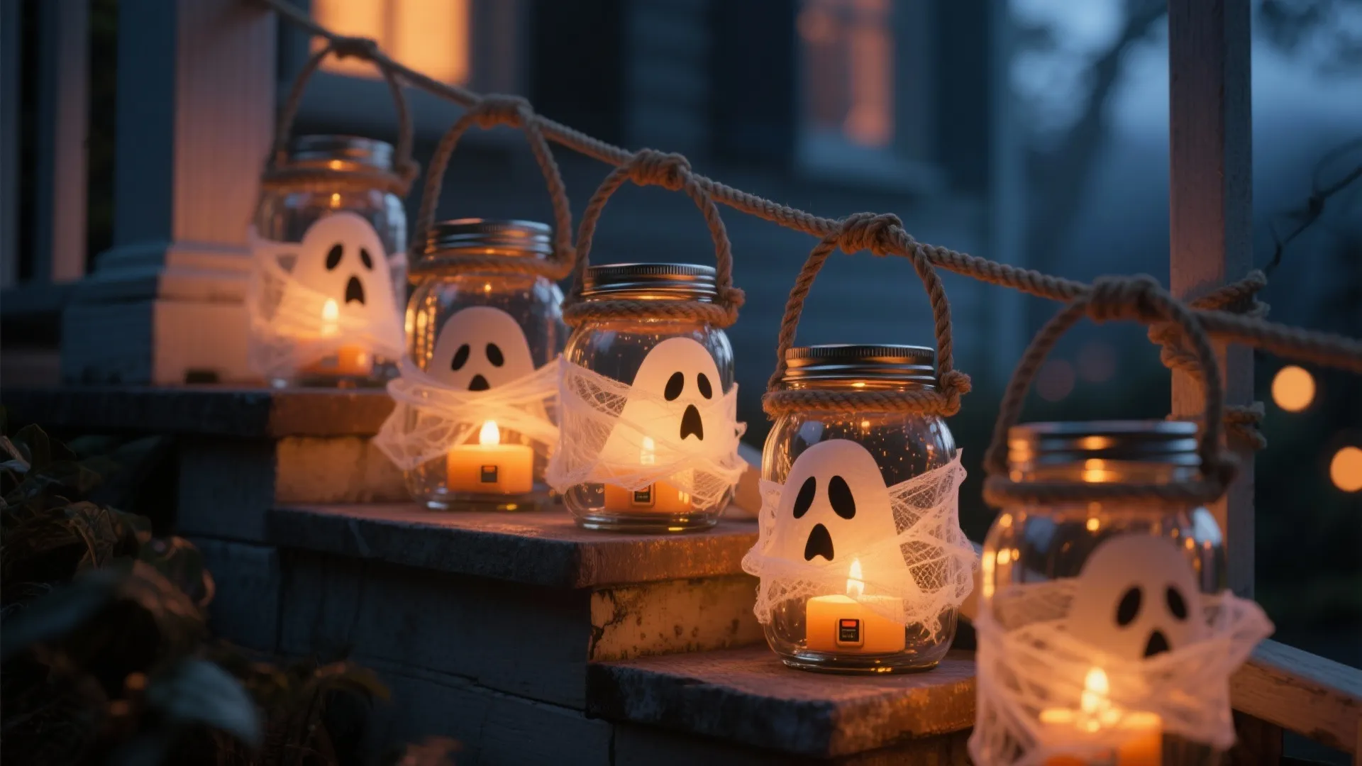 Halloween ghost jar lights with candles hanging on a rope along outdoor stairs at night