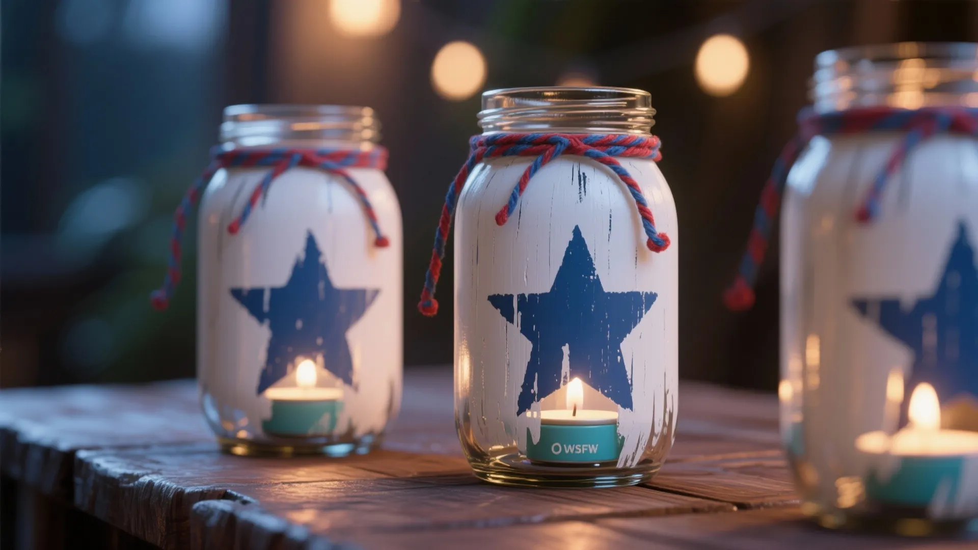 Three painted glass jars with blue star designs holding lit candles on a wooden table