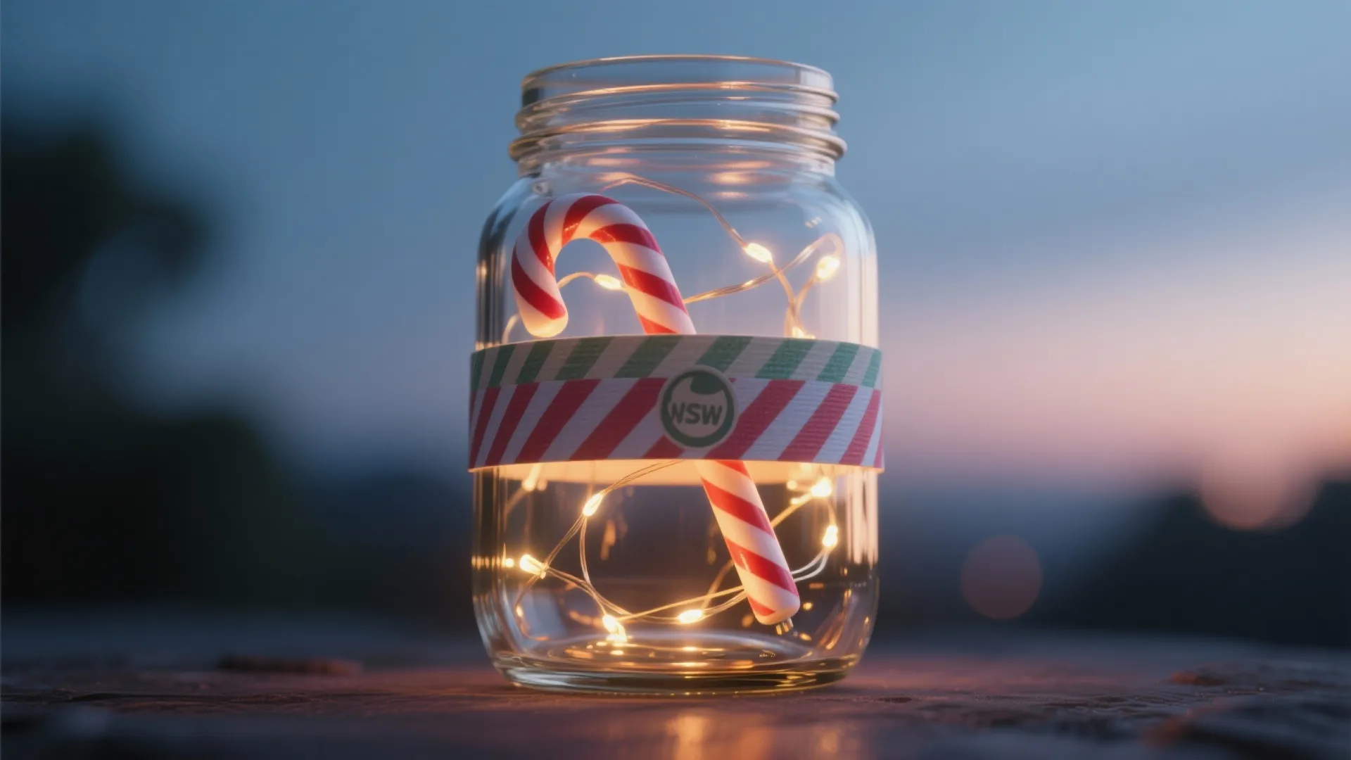 Clear glass jar with red candy cane and warm fairy lights plus a striped paper wrap