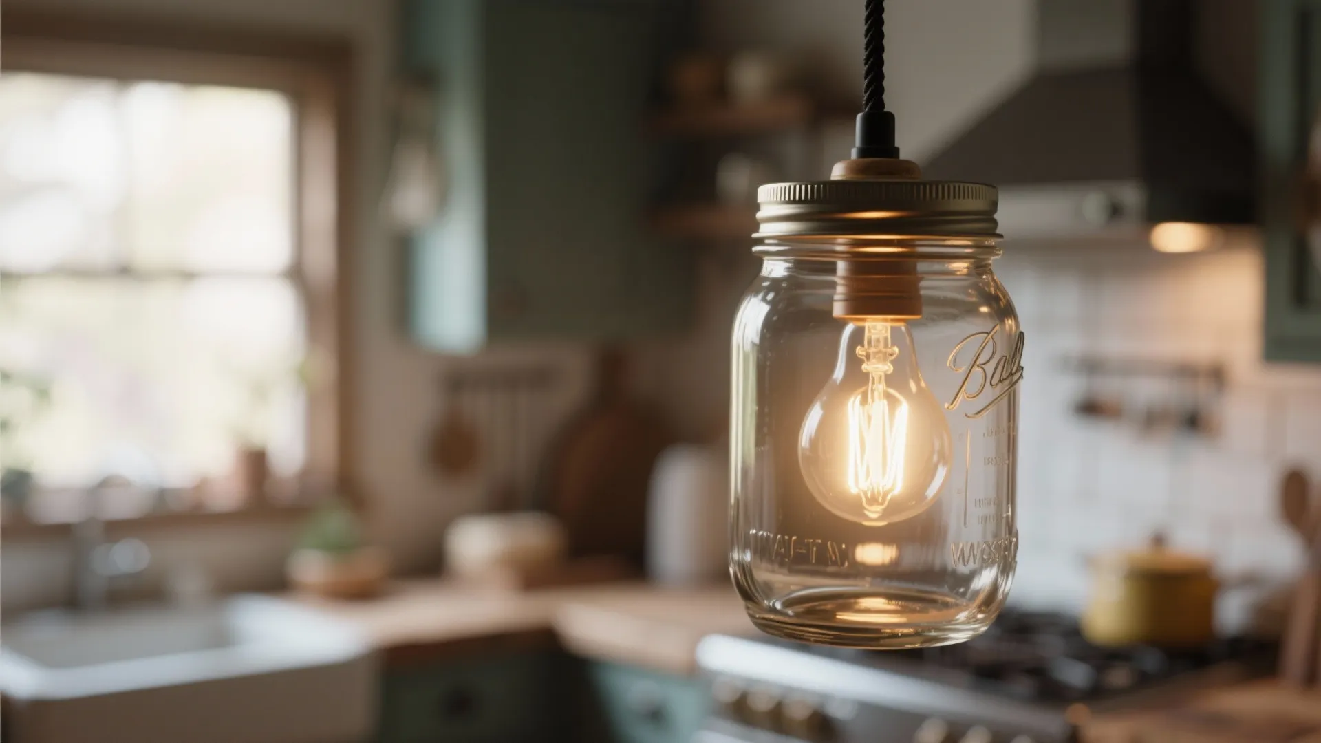 Close-up of a mason jar pendant lamp with warm glow