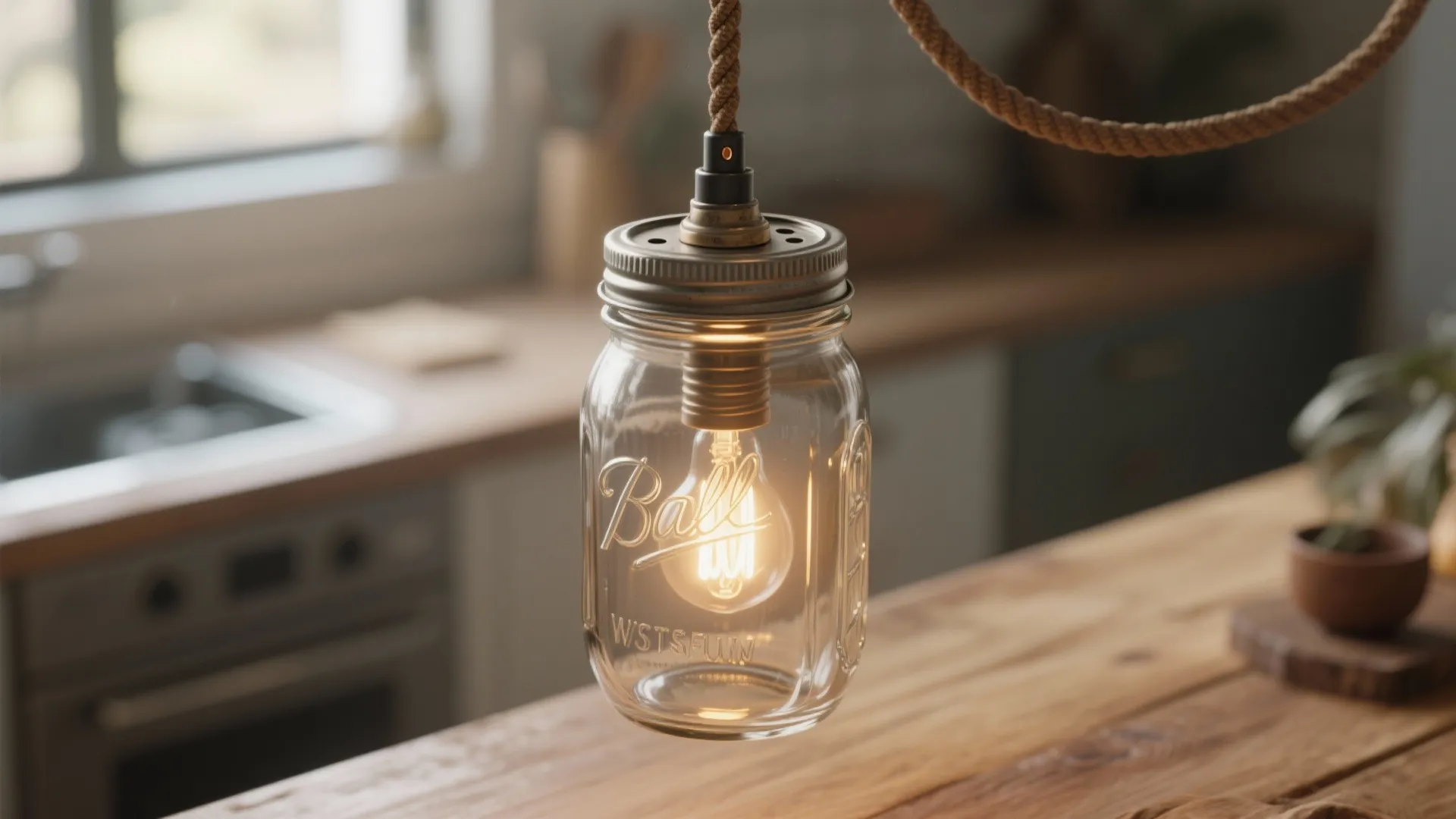 Mason jar ceiling light hanging over a wooden kitchen counter with a warm glowing light bulb