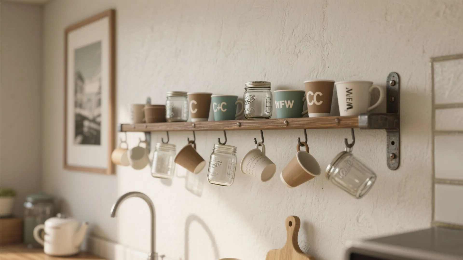 Wooden wall shelf holding mugs and jars with cups hanging from many small dark hooks