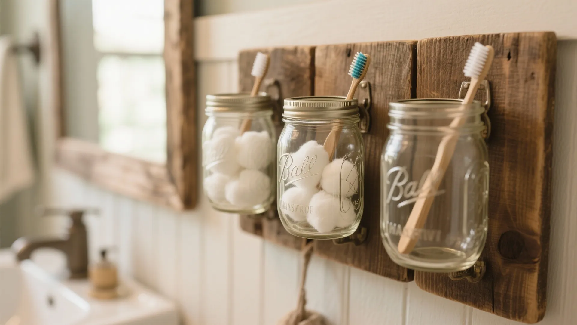 Three glass jars mounted on rustic wood holding cotton balls and toothbrushes in a bathroom