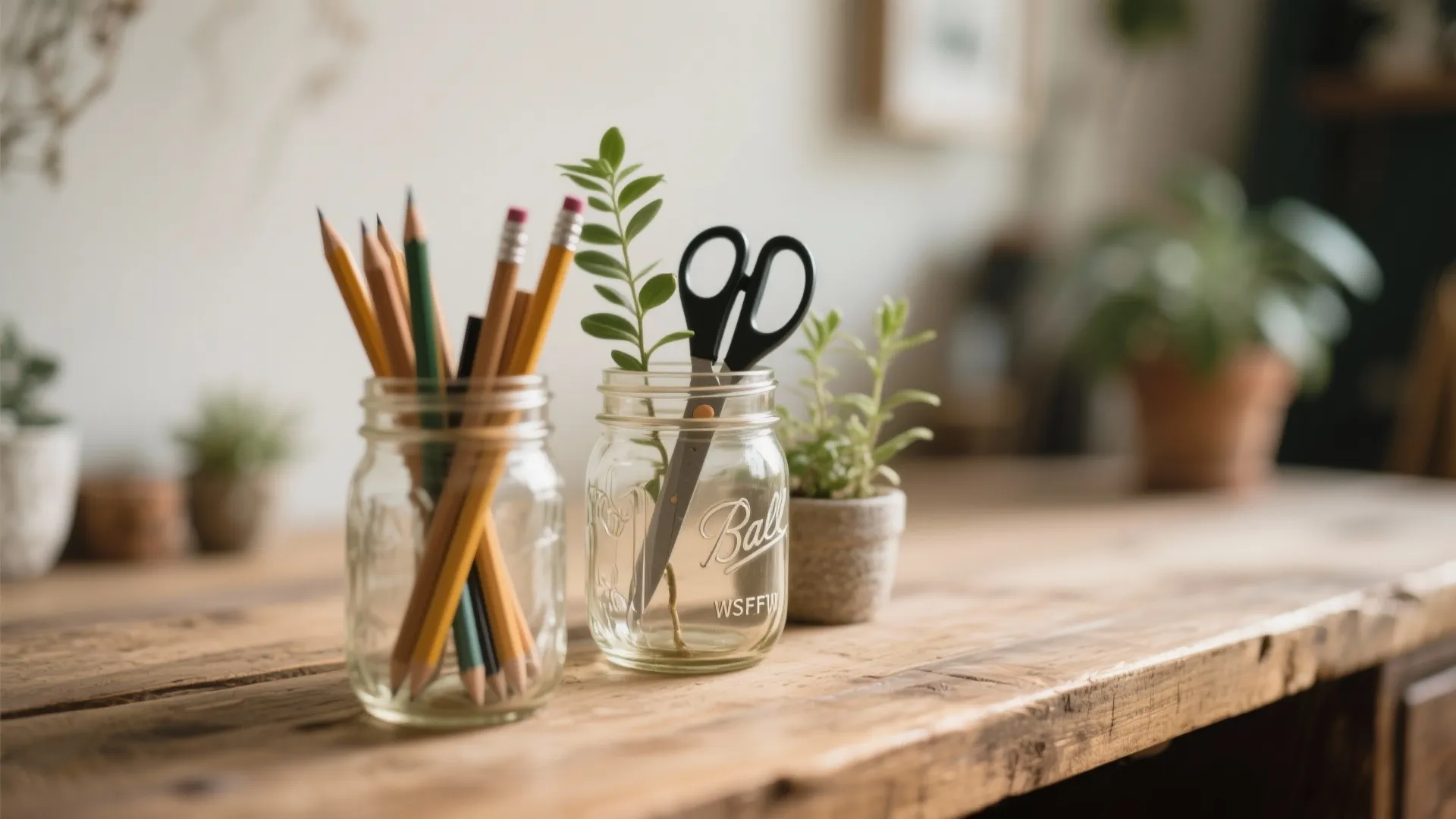 Two glass jars holding pencils and scissors on a wooden table with small green potted plants