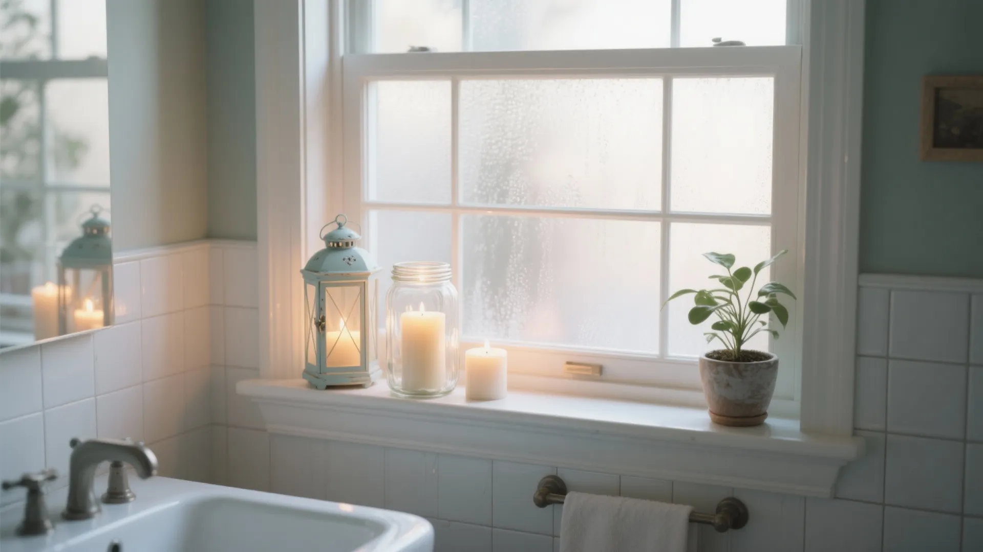 Three glowing candles and a green plant on a white bathroom window sill with tiles