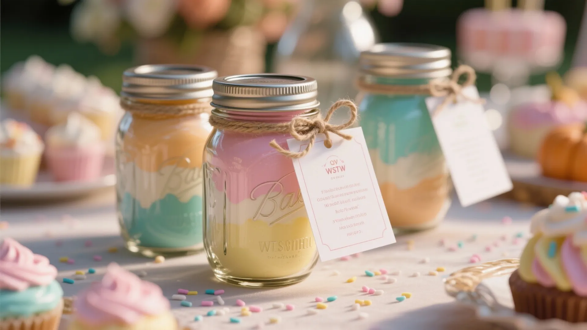 Three glass jars filled with colorful layered powder on a table with cupcakes and tags