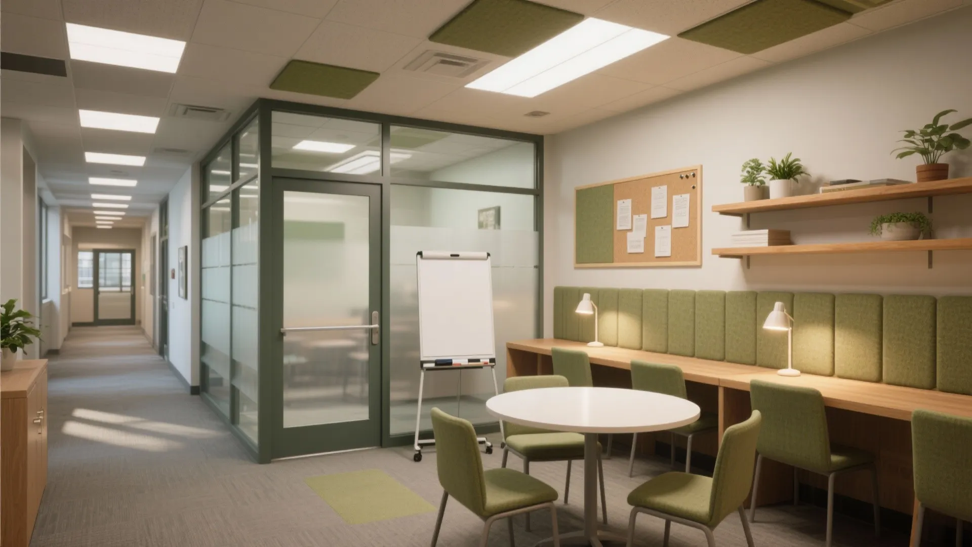 Modern office breakout area with green chairs white round table wooden desks and glass partition