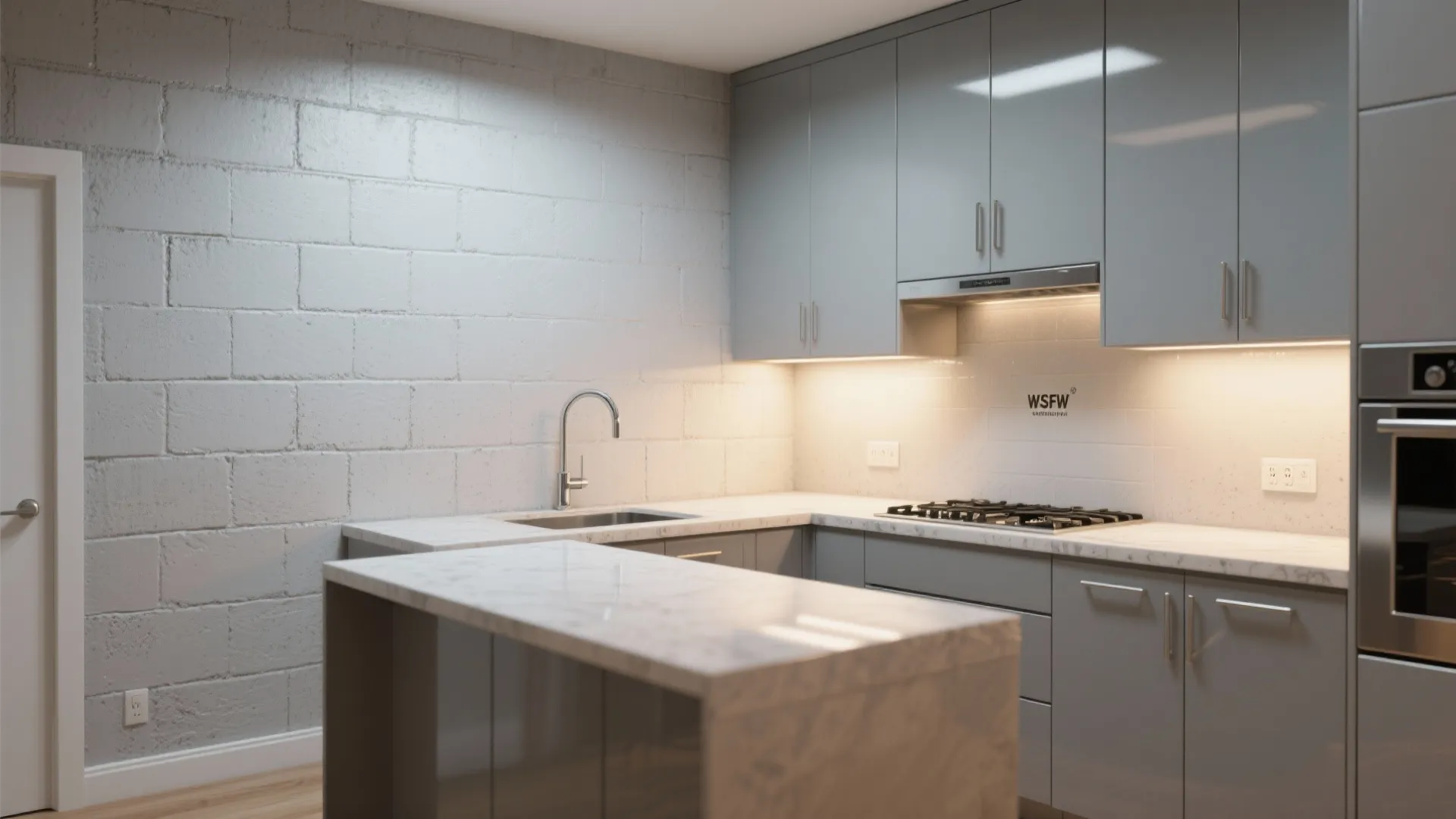 Rental kitchen with masonry acrylic painted cement walls showing a durable, washable finish.