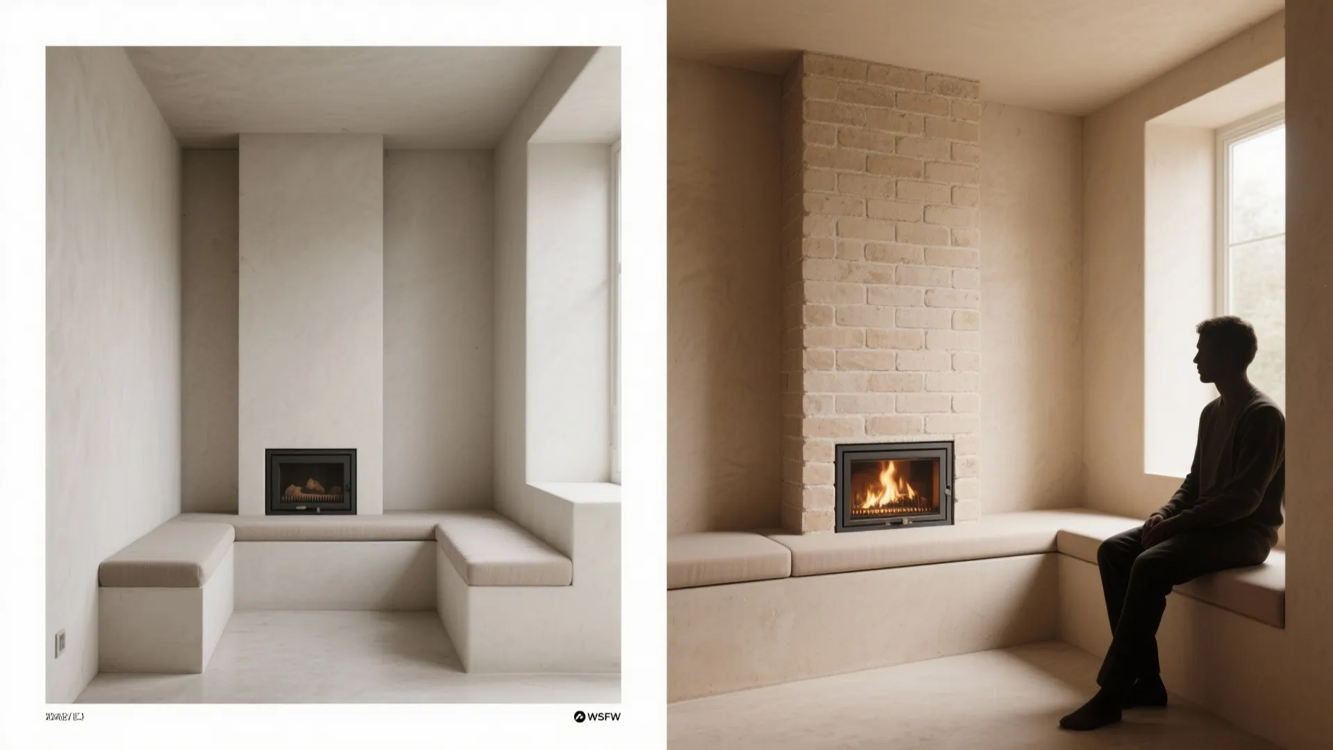 Before and after comparison showing a plain wall fireplace next to a brick fireplace with seating