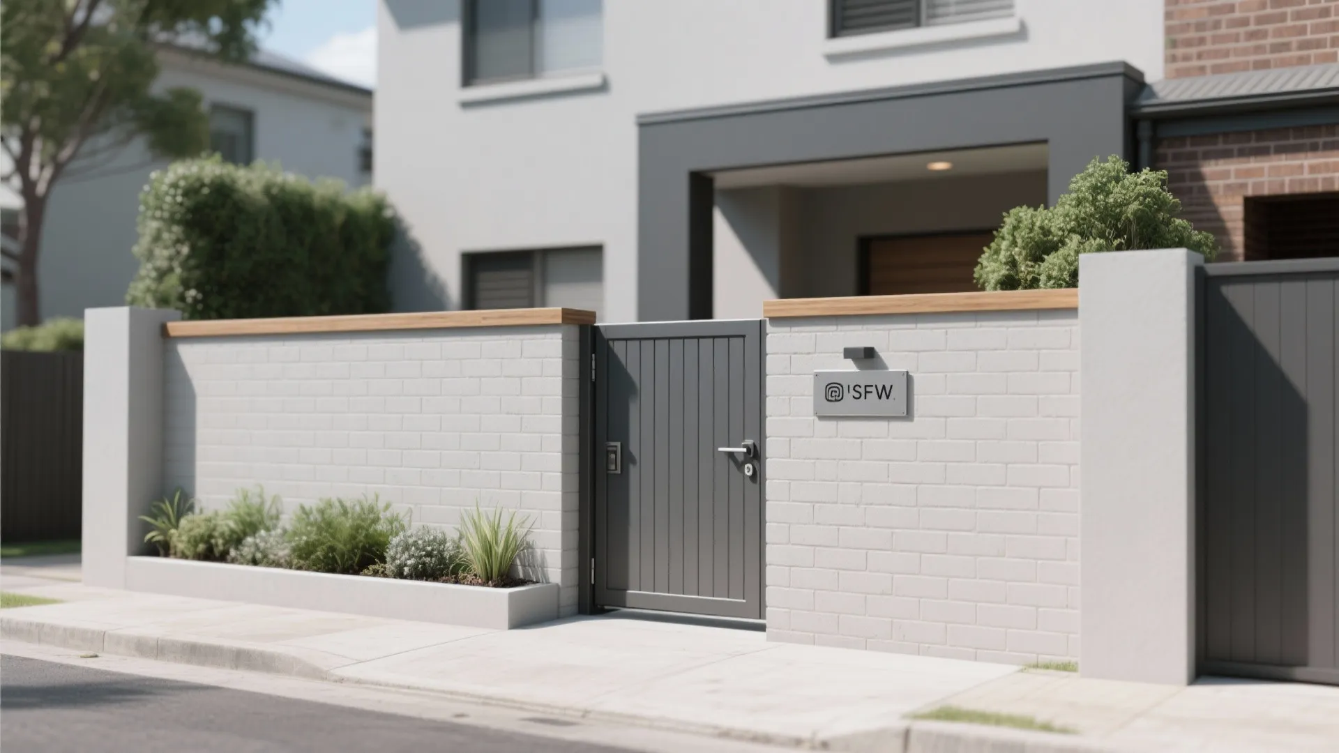 White brick wall with a small grey gate and green plants in a garden bed