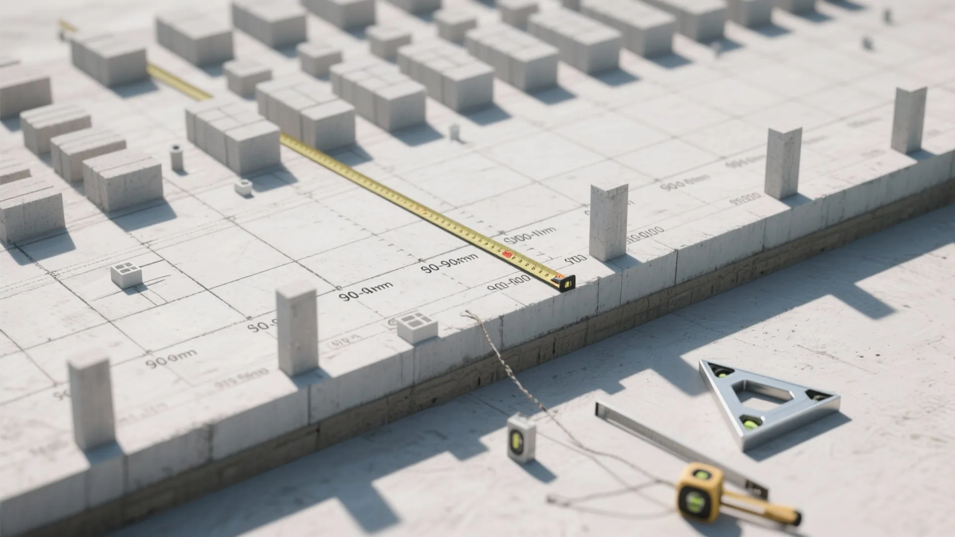Construction site with floor layout planning using measuring tape tools and small white brick models