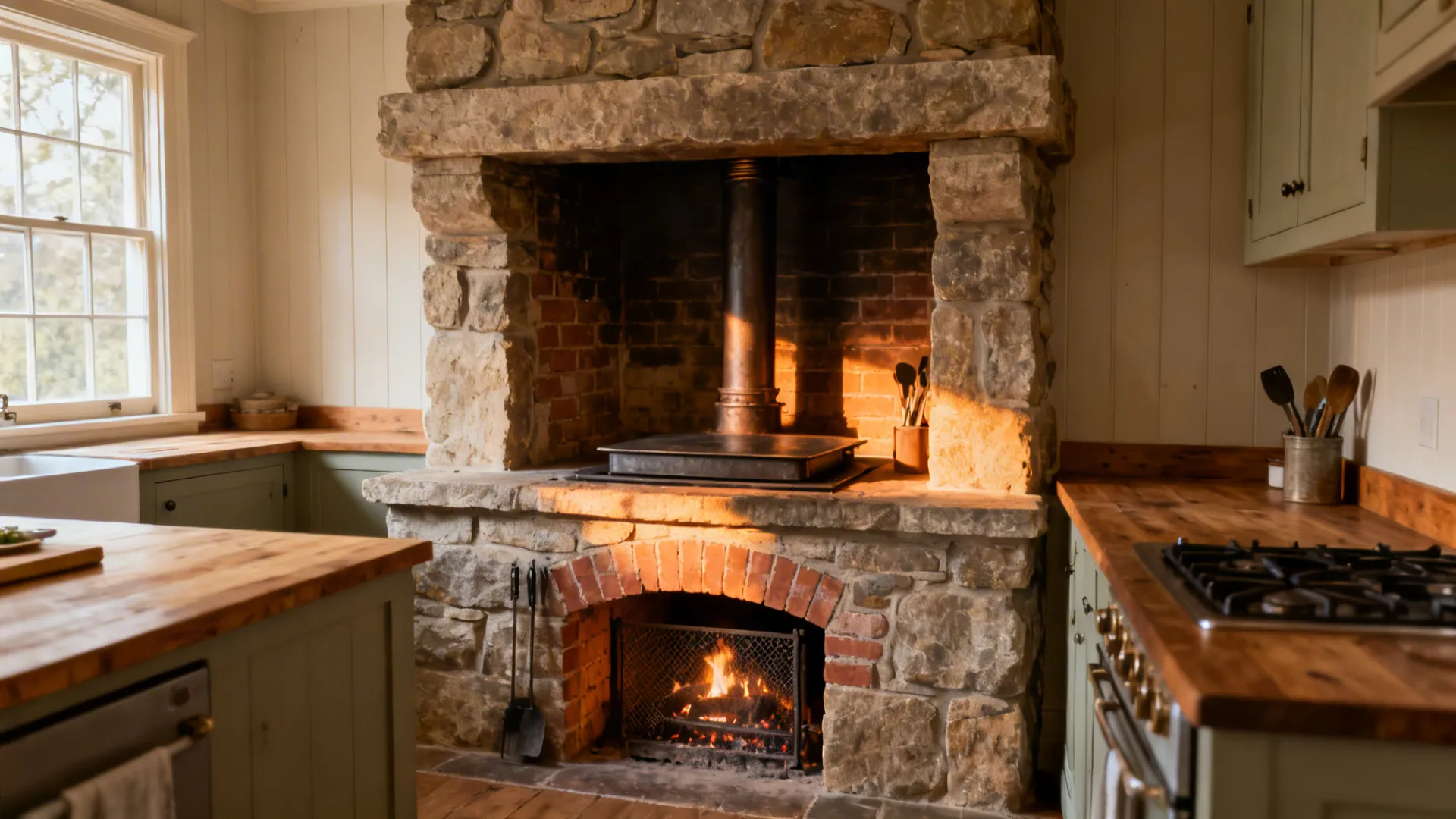 Stone-clad masonry hearth with a recessed firebox and flush cast-iron plate in a compact kitchen.