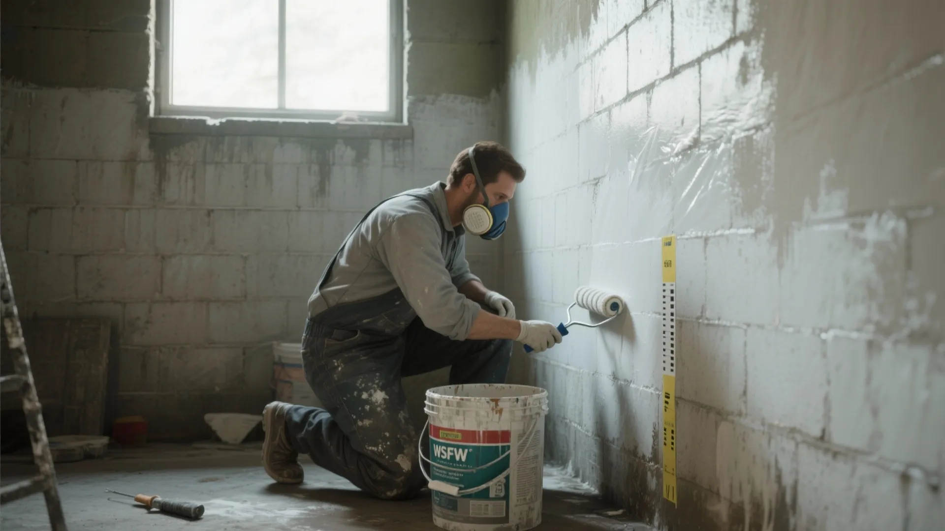 Man wearing mask and overalls painting white paint on concrete brick wall using a roller