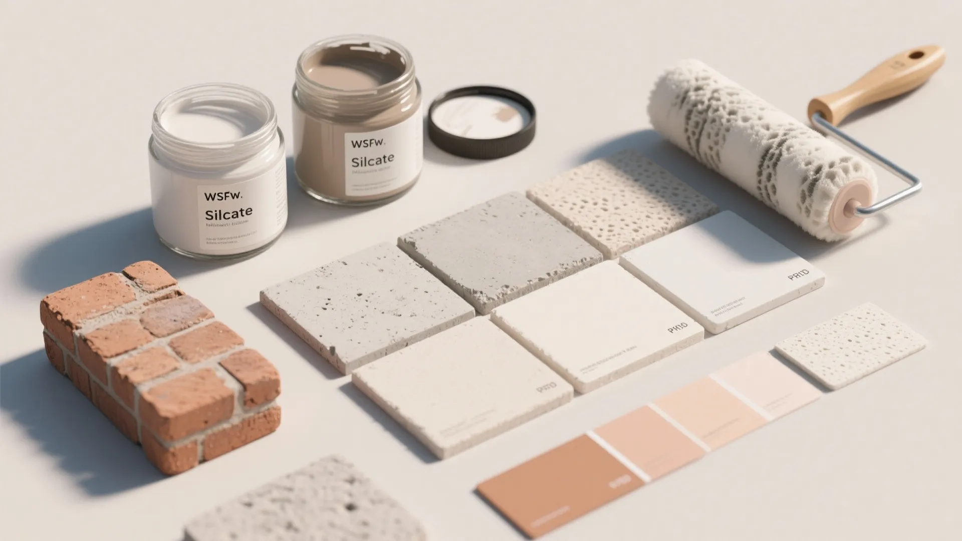 Building materials including paint jars stone tiles bricks paint roller and color swatches on table