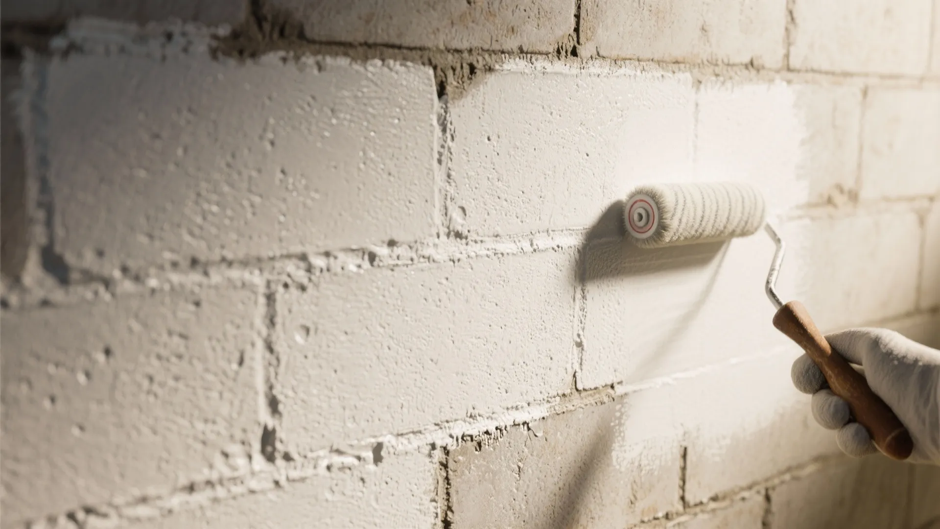 Hand using a paint roller to apply white paint on a brick wall during renovation