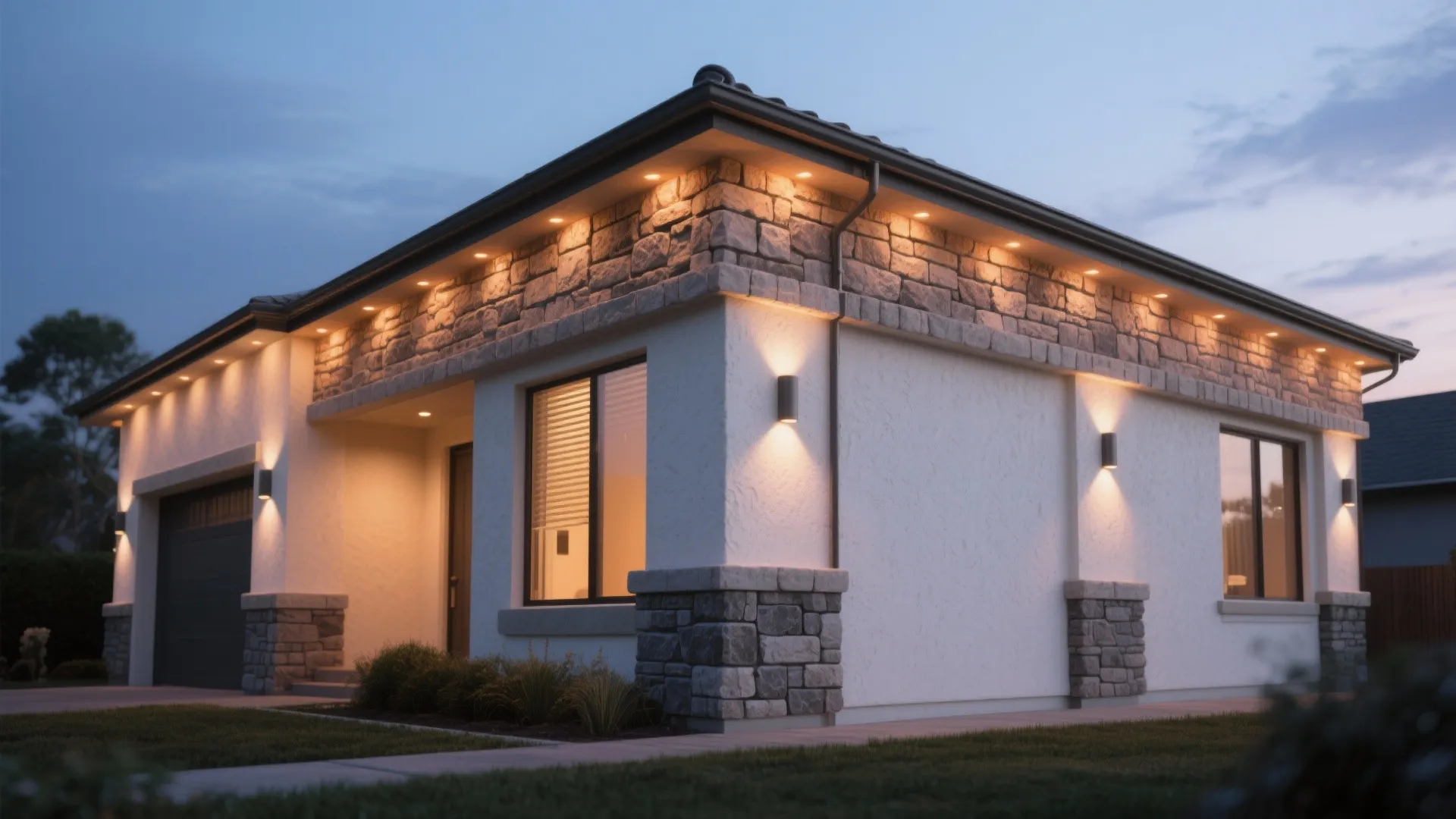 Modern house exterior with white walls stone accents warm outdoor light fixtures and glass windows