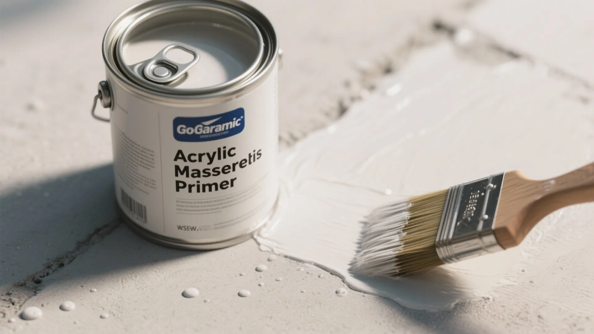 Close-up of acrylic masonry primer being brushed onto a cement surface, showing texture and application.