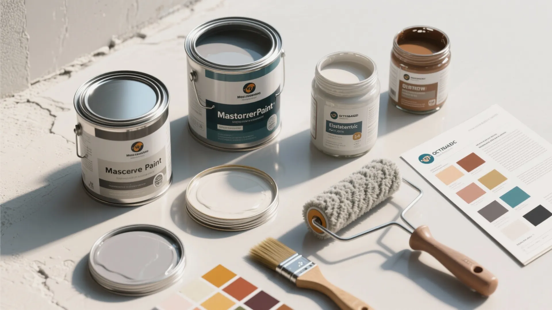 Paint cans with open lids showing grey paint alongside a roller brush and color cards