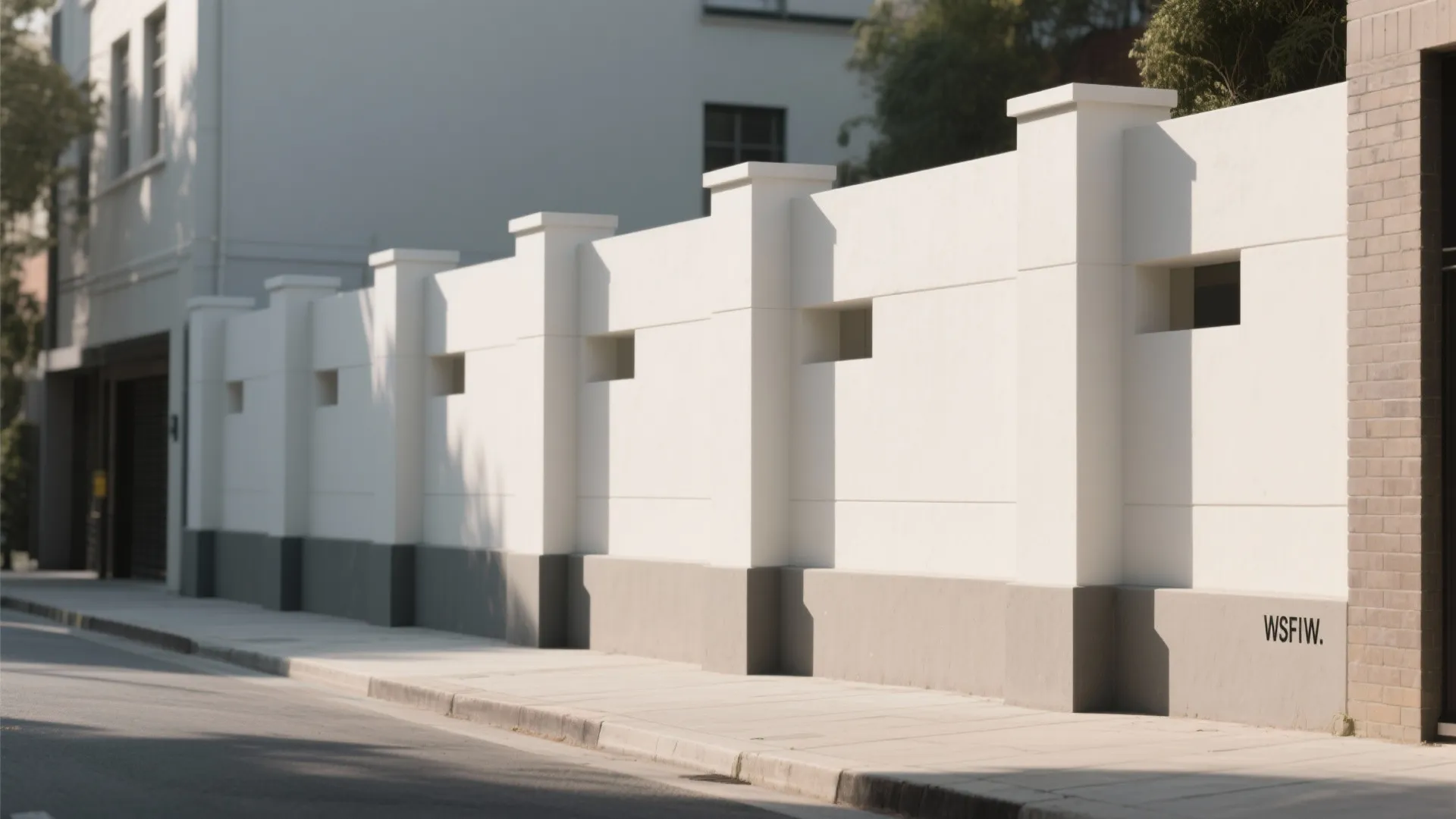 Modern white exterior wall with small square openings and grey base along a city street