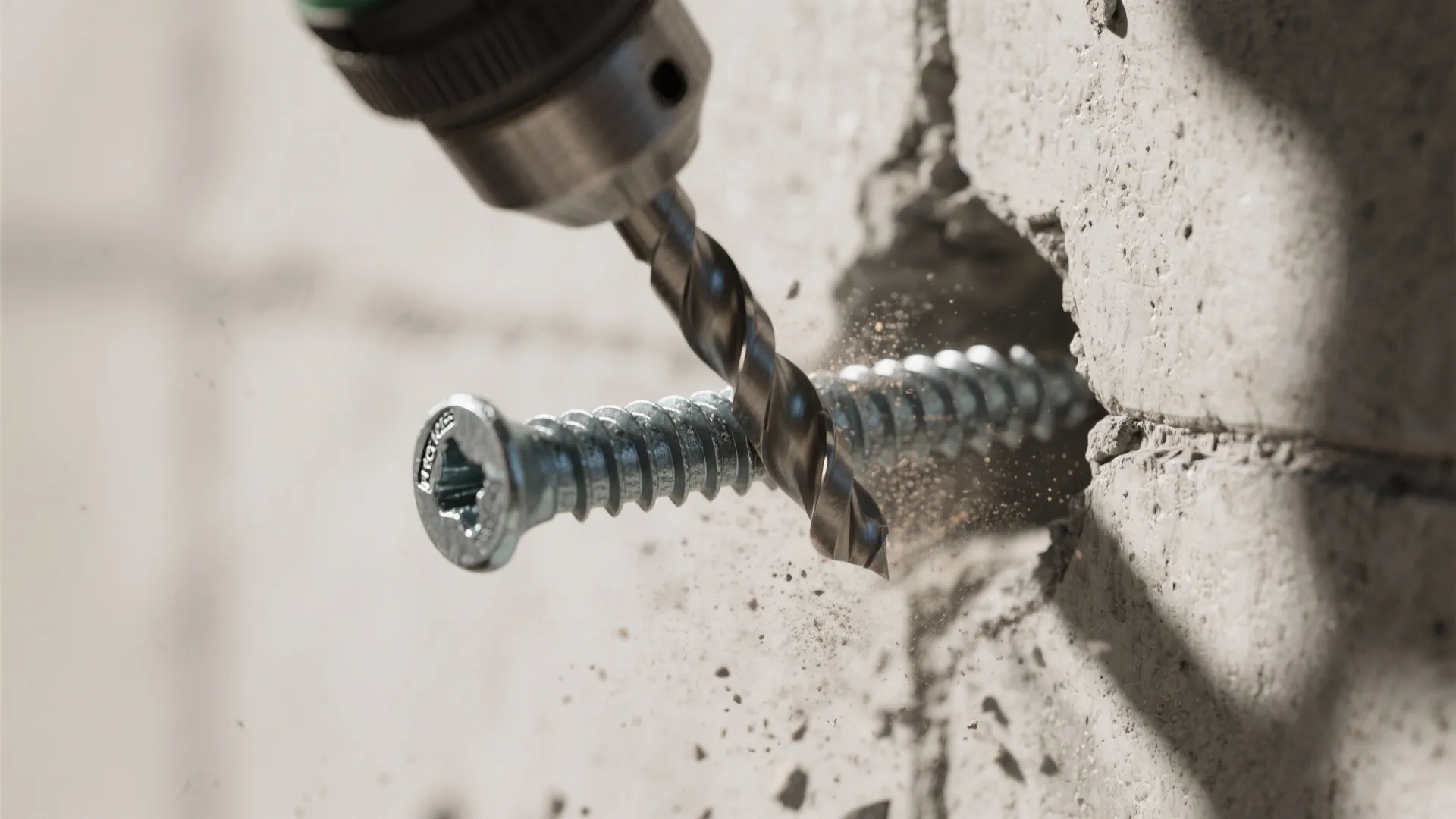 Electric drill bit creating a hole in a concrete wall next to a metal wall screw