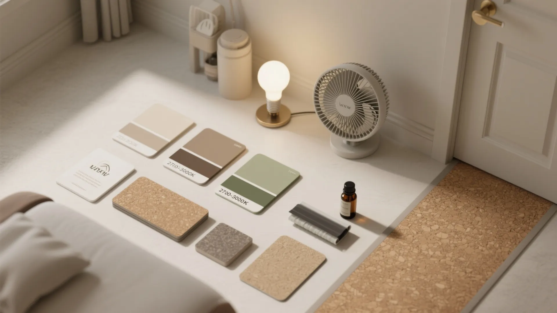 Interior design material board with color swatches, cork samples, desk fan, light bulb, and bottle