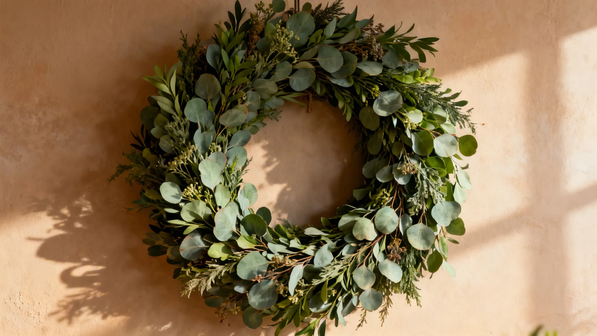 Large preserved eucalyptus wreath layered with mixed greens on a farmhouse wall