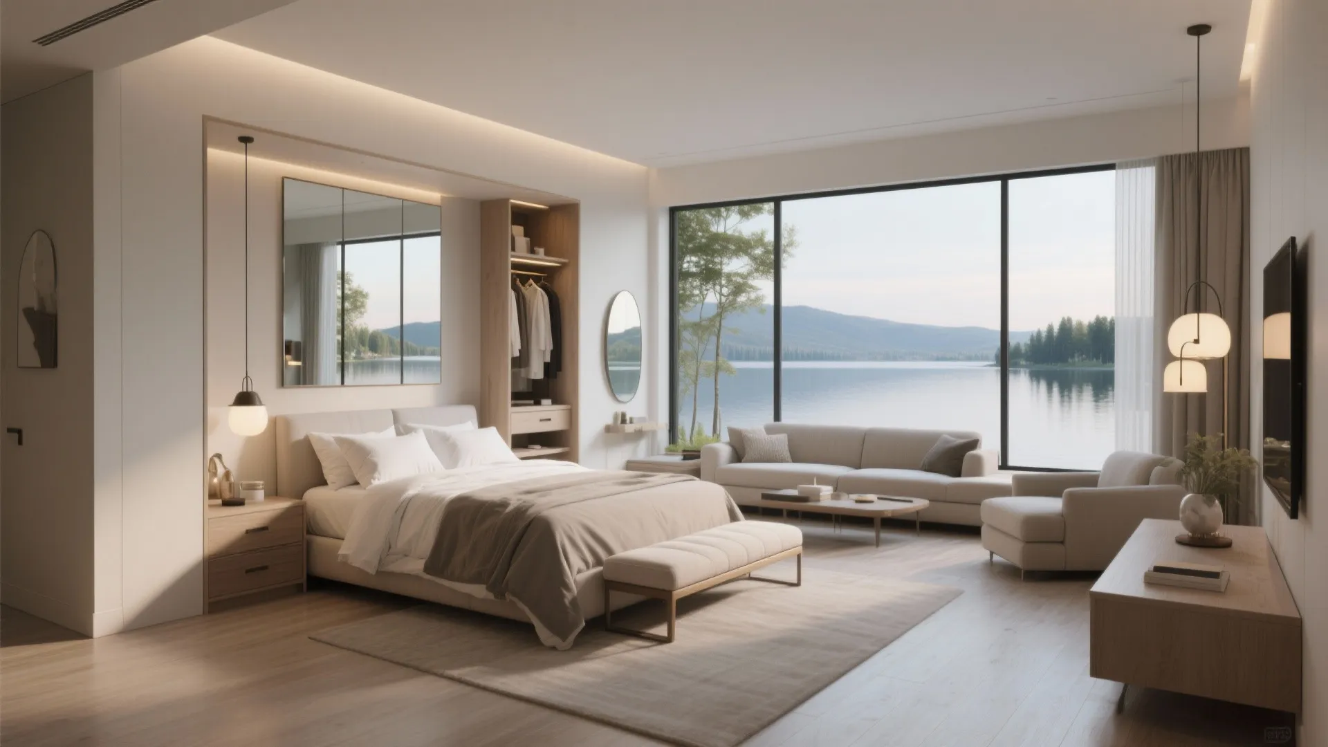 Open master bedroom with a defined dressing alcove and built-in storage opening to lake-side living space