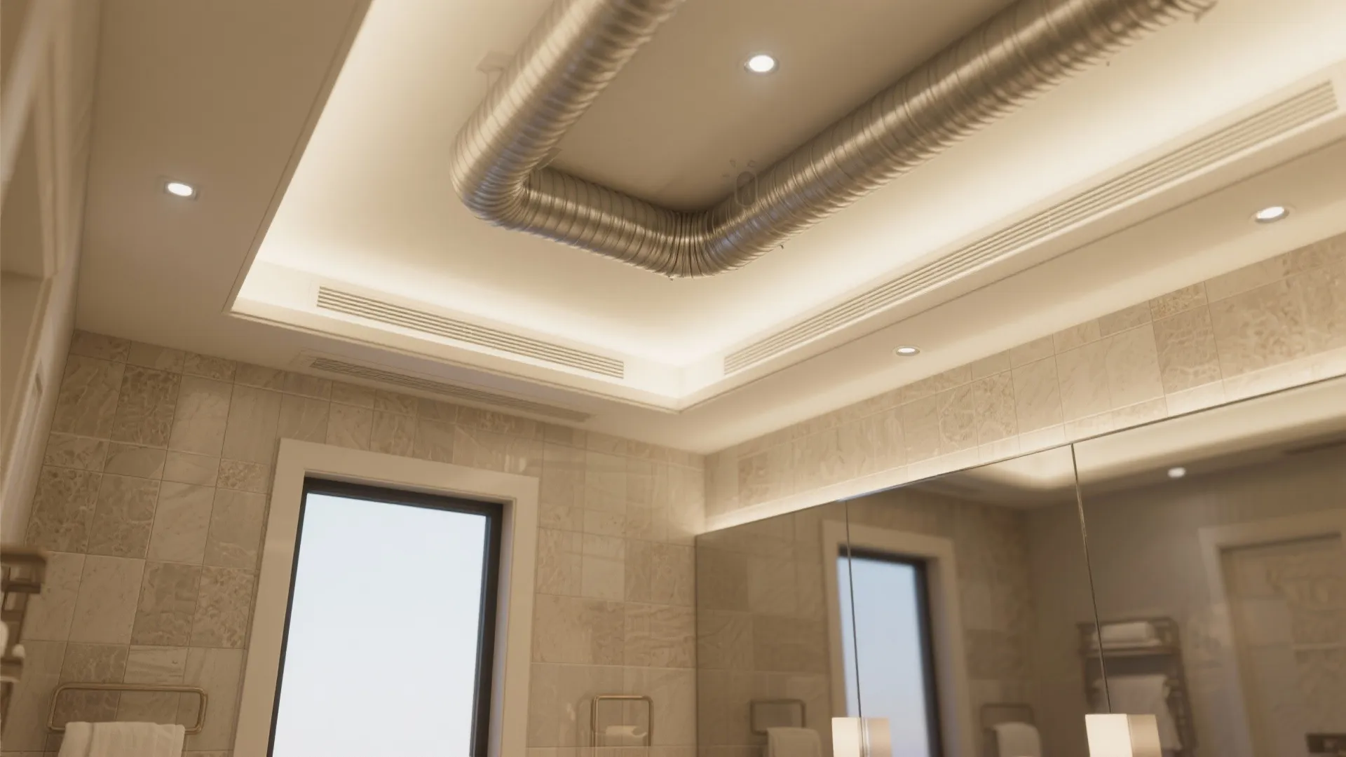 Master bathroom showing a discreet 6" duct run and upgraded ventilation for quieter operation.