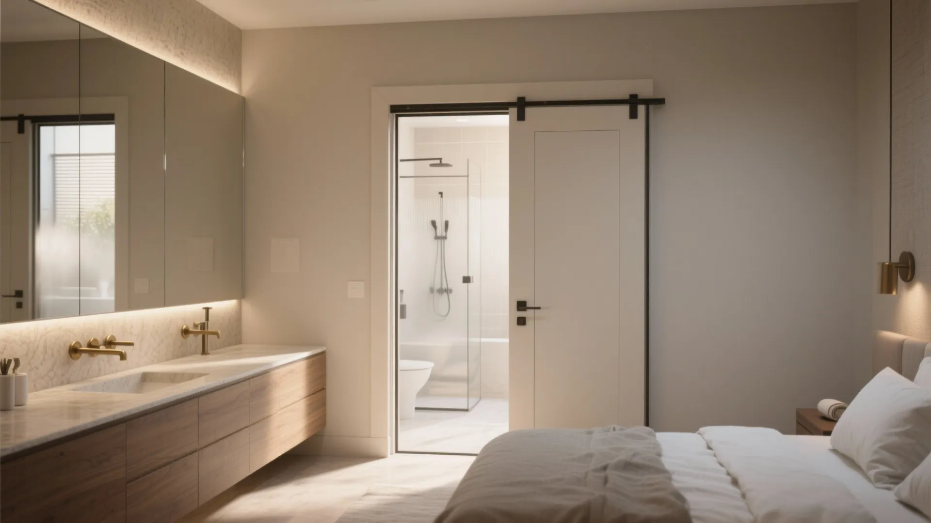 Modern master bedroom with sliding barn door leading to bathroom featuring double sinks and shower
