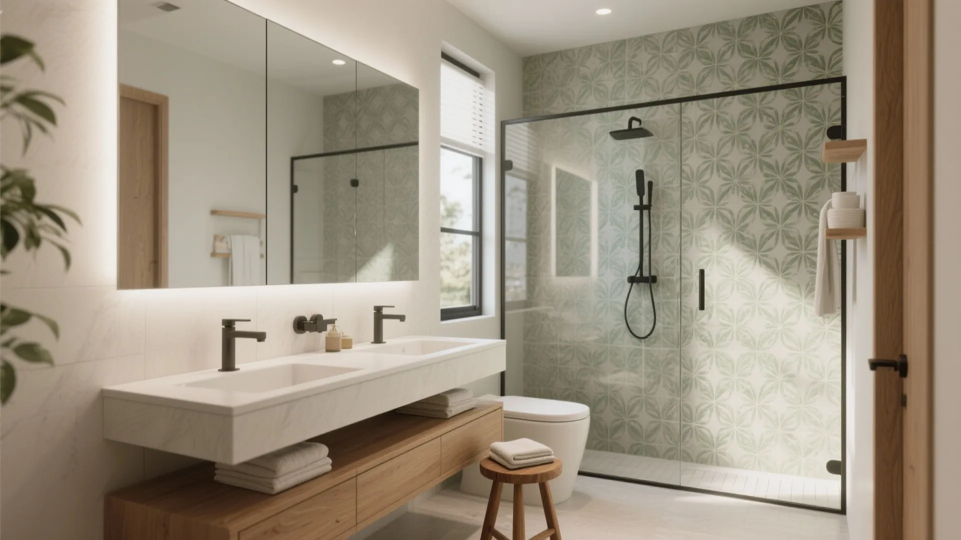 Modern bathroom featuring double sink vanity green pattern wall tiles glass shower and wooden stool