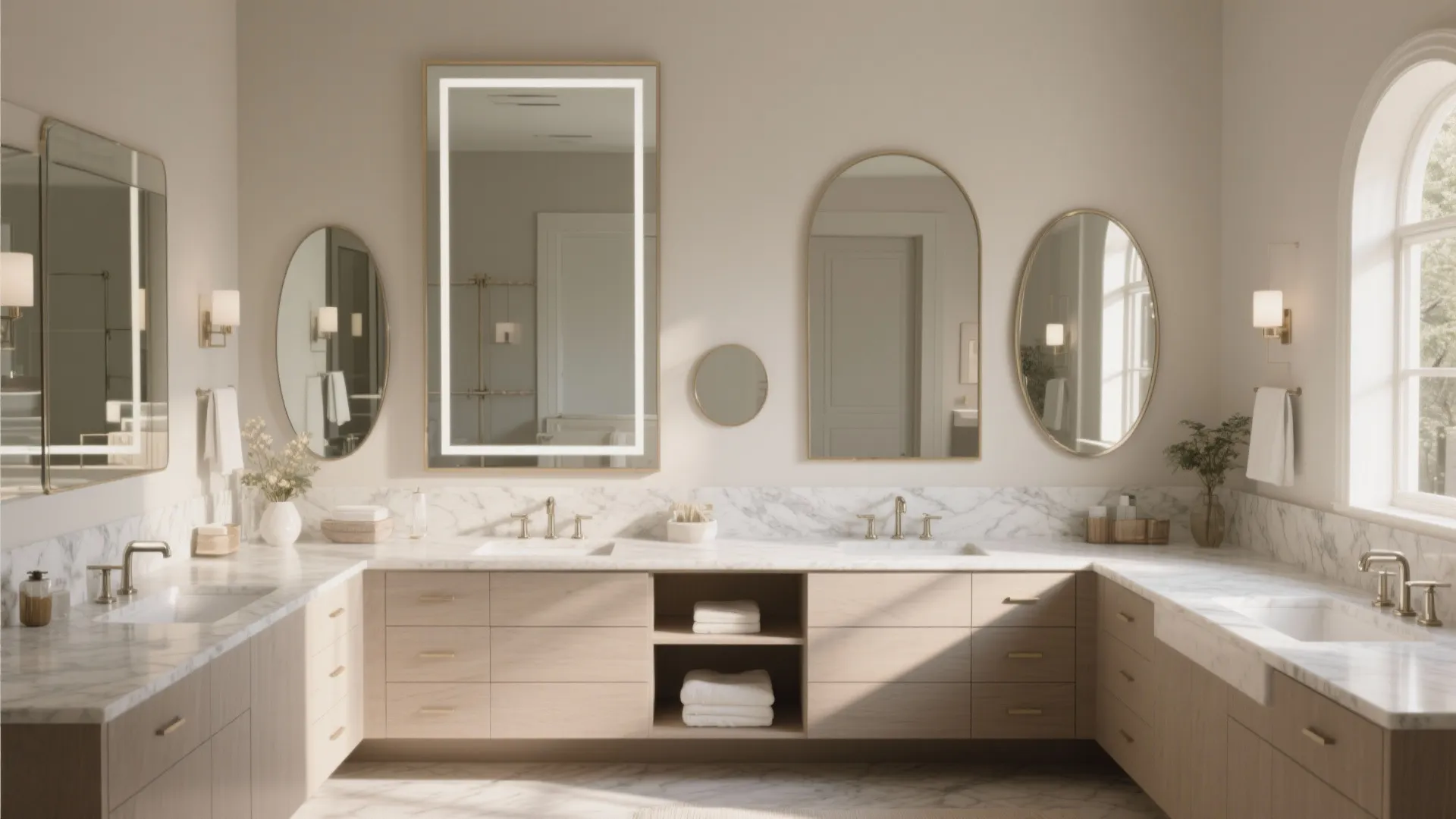 Modern master bathroom with light wood cabinet marble countertop and five different shaped wall mirrors