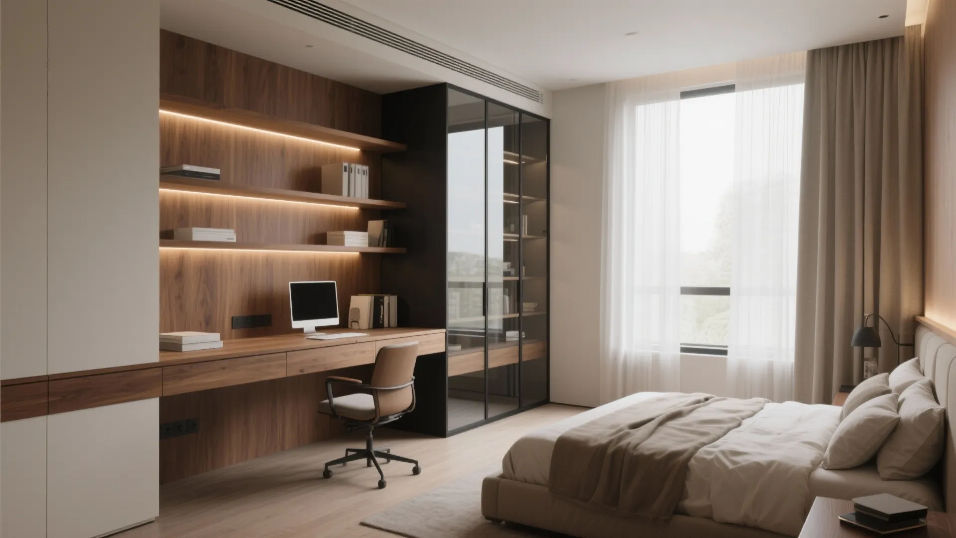 Bedroom with wooden desk integrated into wall shelves next to a bed and large window