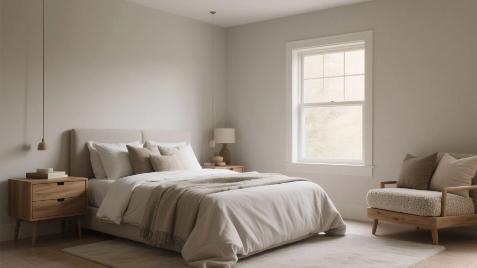 Minimalist master bedroom with beige bed wooden bedside table armchair large window and soft natural lighting