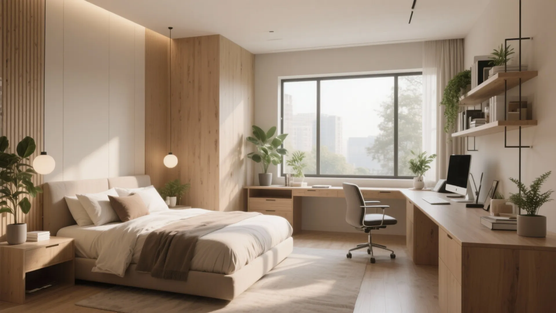 Spacious bedroom with corner desk setup by window green plants wood panels and natural light