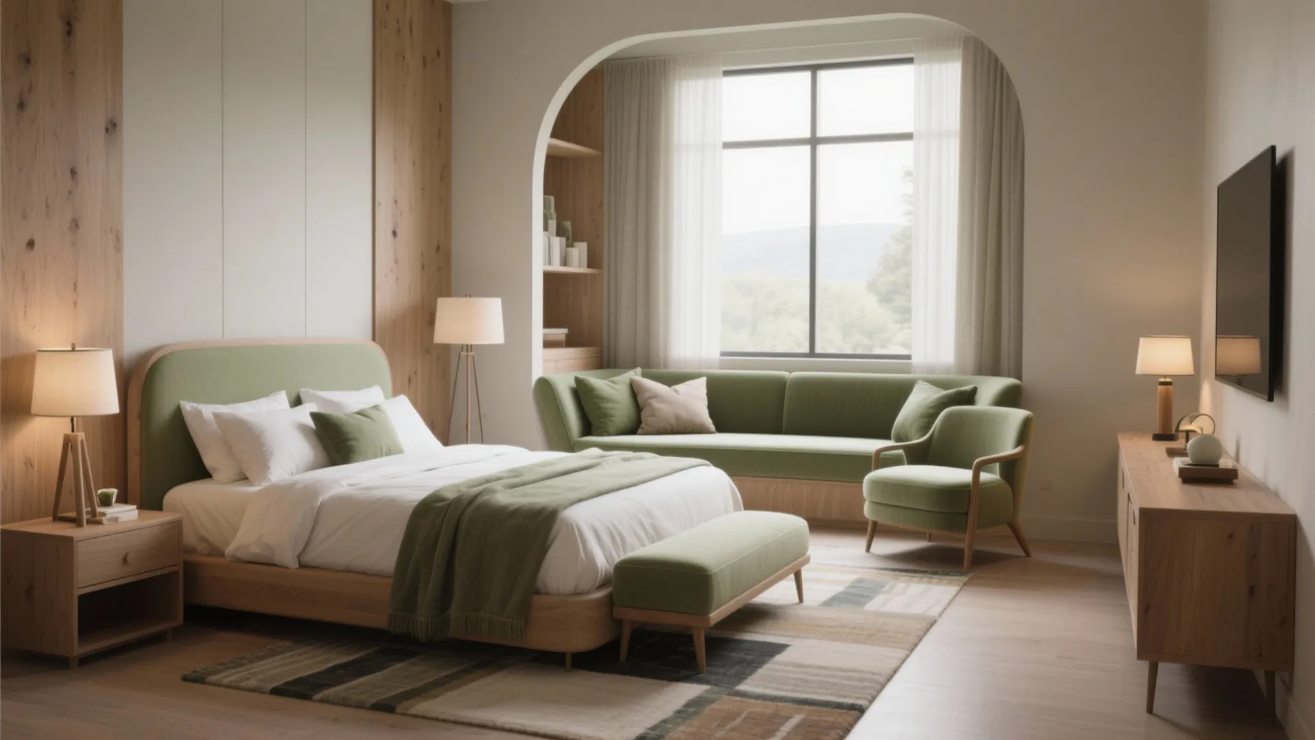 Modern master bedroom with green bed footrest and sofa near large arch window and cabinet