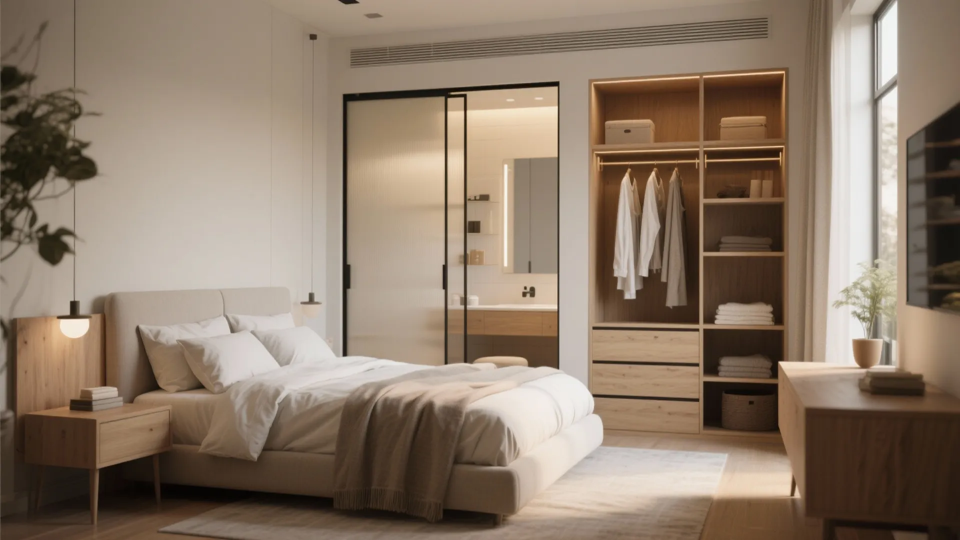 Modern bedroom with beige bed wood closet sliding glass door to bathroom and natural window light