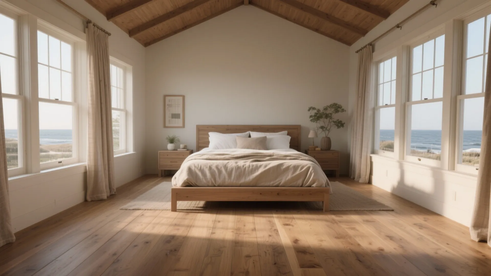 Spacious bedroom with wooden ceiling, large windows, ocean view, light wood flooring, and neutral decor